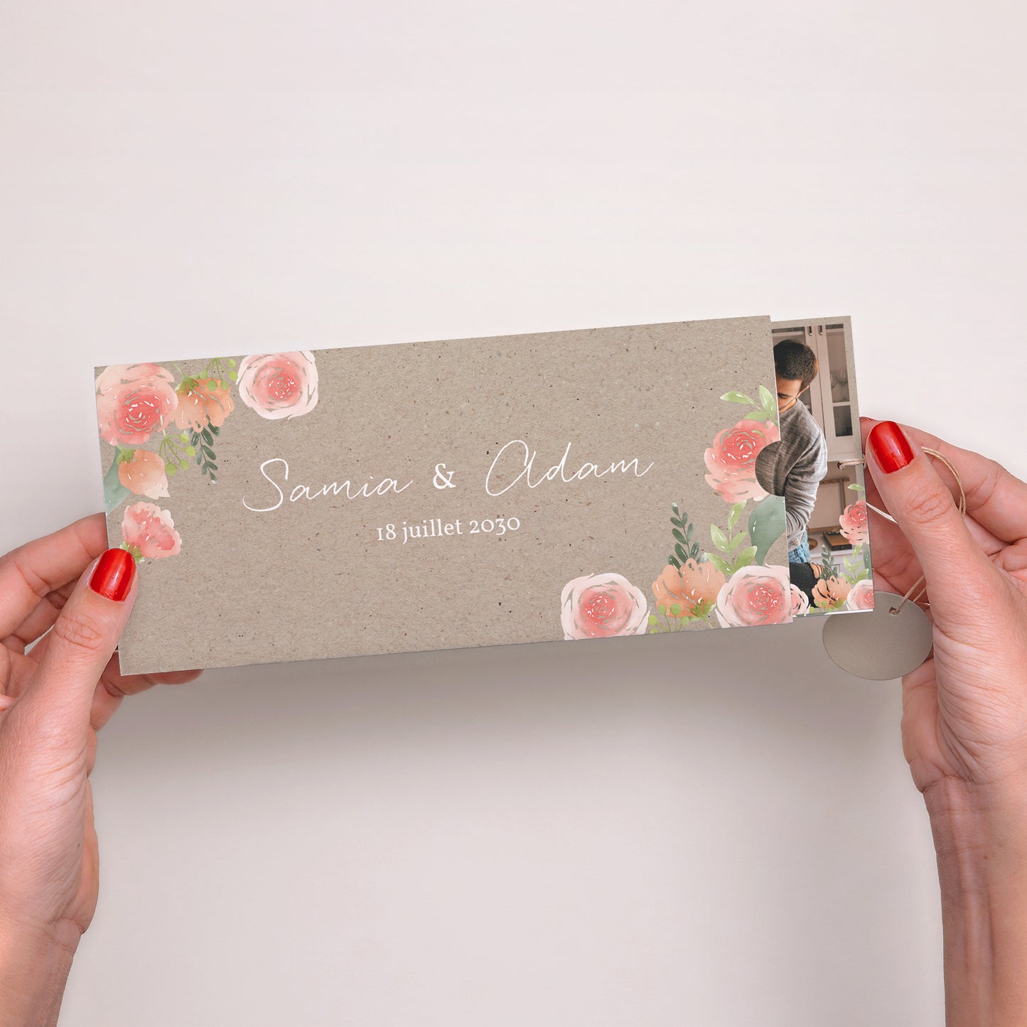 Faire-part Mariage Pochette 2 cartes, étiquette Champêtre Pêche photo N° 2