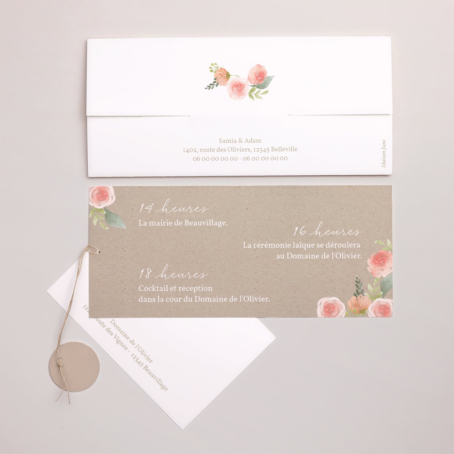 Faire-part Mariage Pochette 2 cartes, étiquette Champêtre Pêche photo N° 4