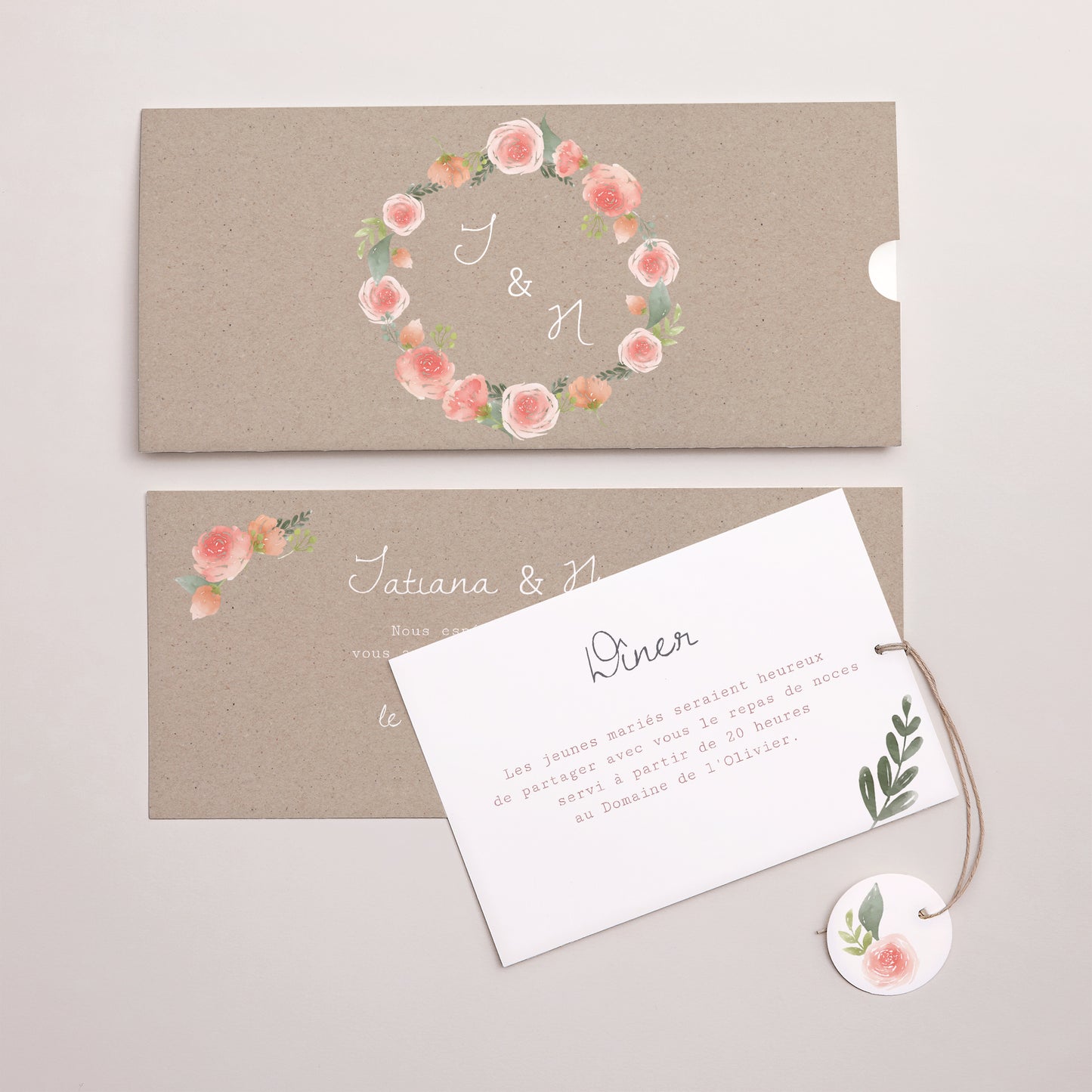 Faire-part Mariage Pochette 2 cartes, étiquette Couronne Champêtre photo N° 3