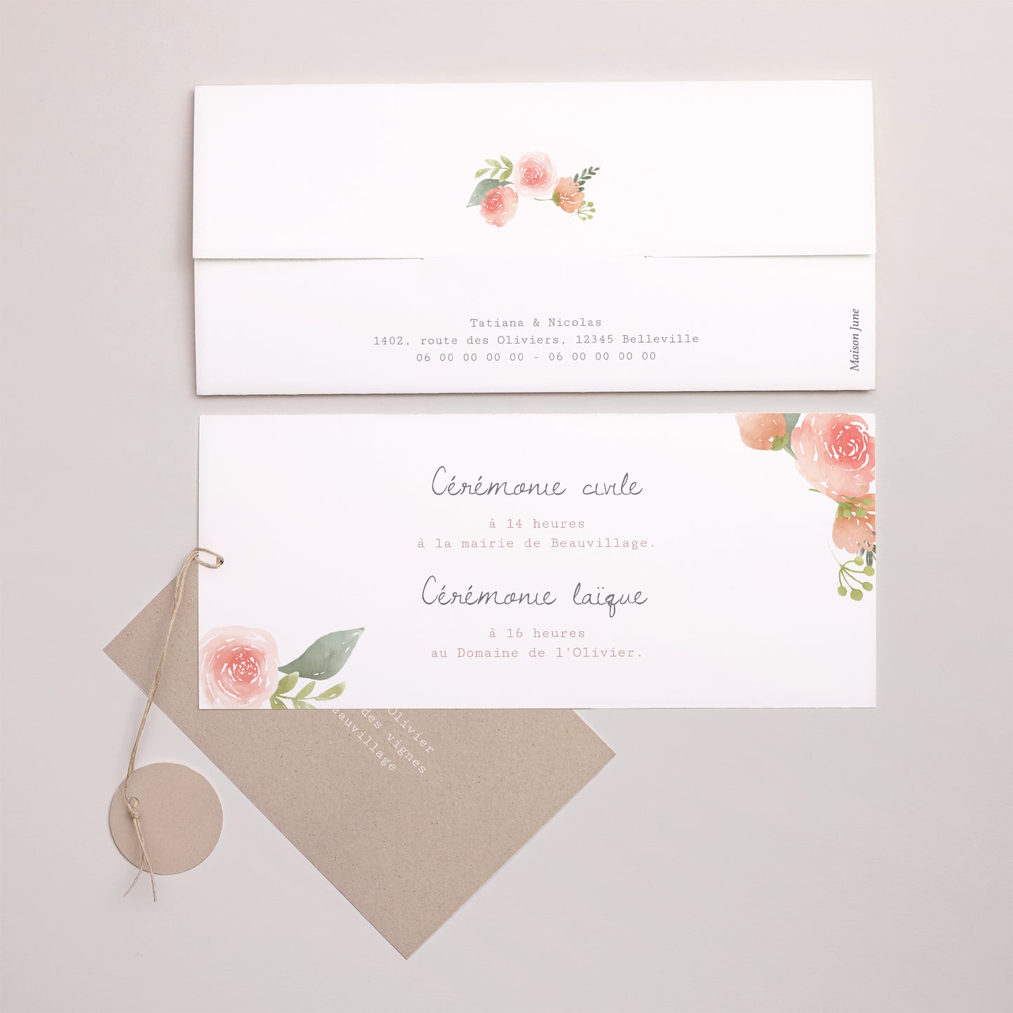 Faire-part Mariage Pochette 2 cartes, étiquette Couronne Champêtre photo N° 4
