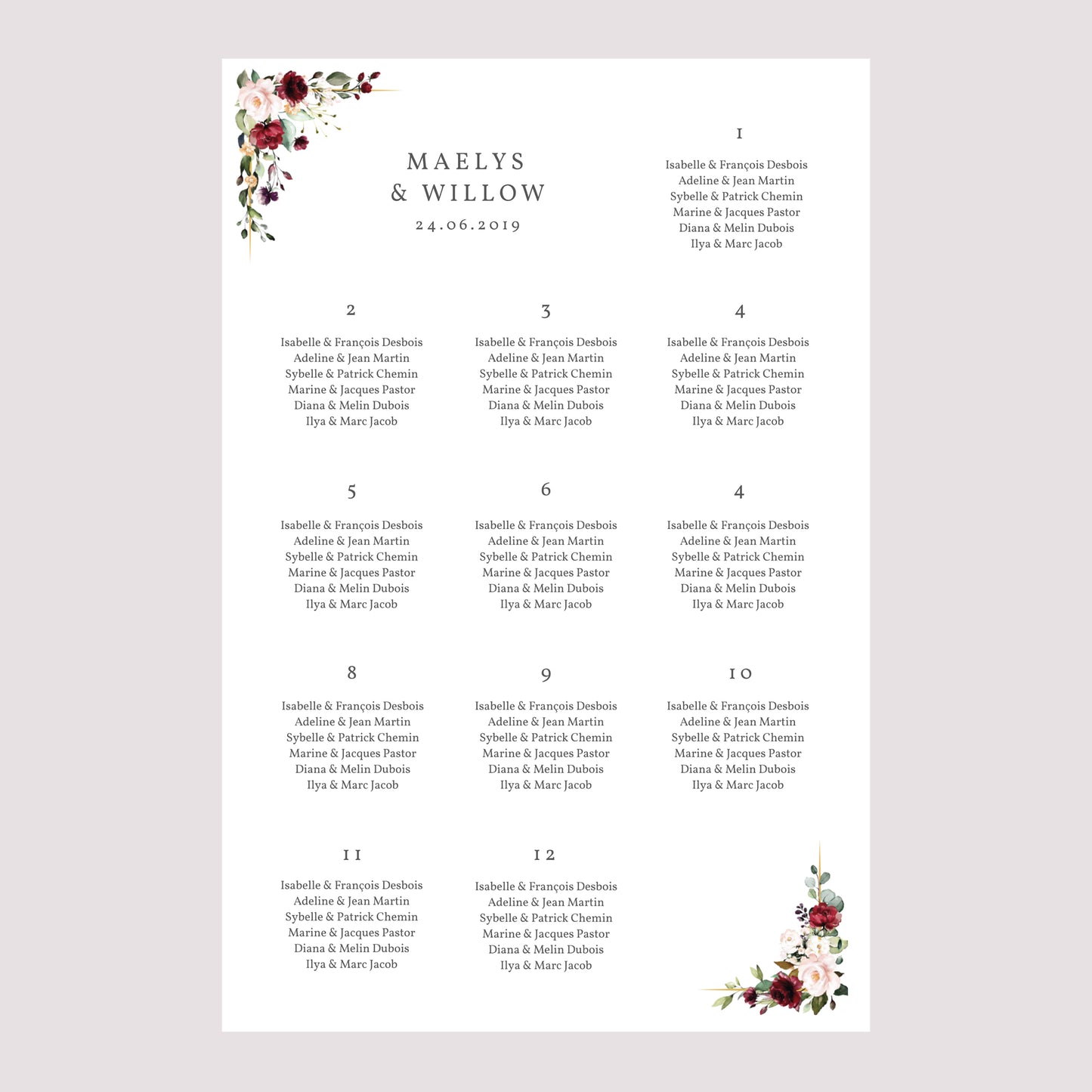 Plan de table Mariage Portrait 60 x 90 cm Couronne Marsala photo N° 2