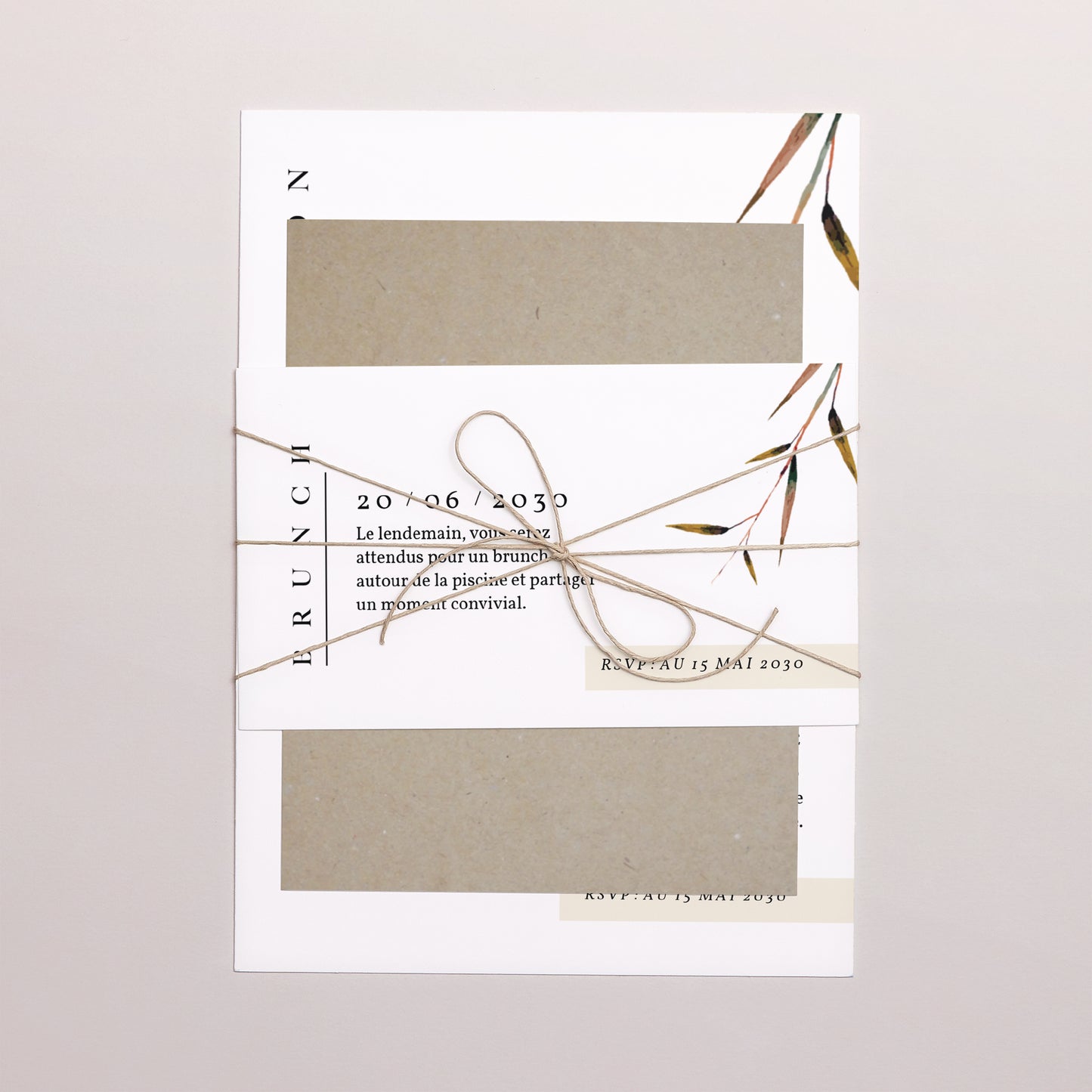 Faire-part Mariage 3 cartes, ruban Lin & Moutarde photo N° 1