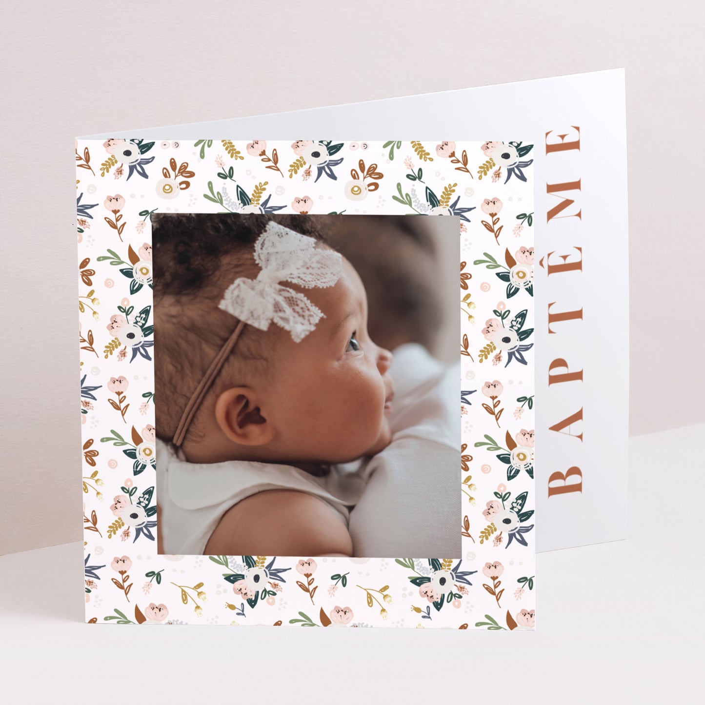 Faire-part Baptême Double volet asymétrique Vintage flower photo N° 1