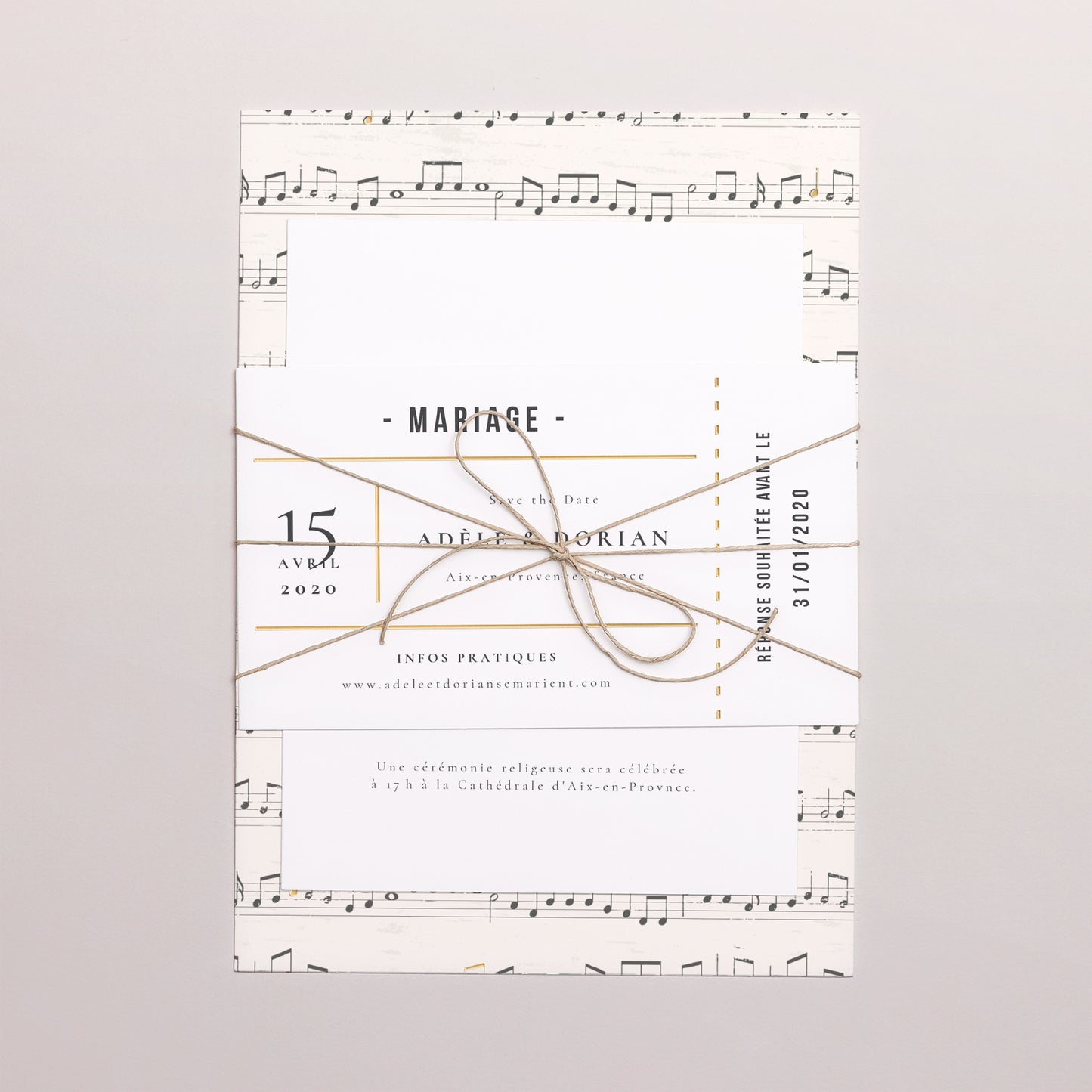 Faire-part Mariage 3 cartes, ruban Musique photo N° 1