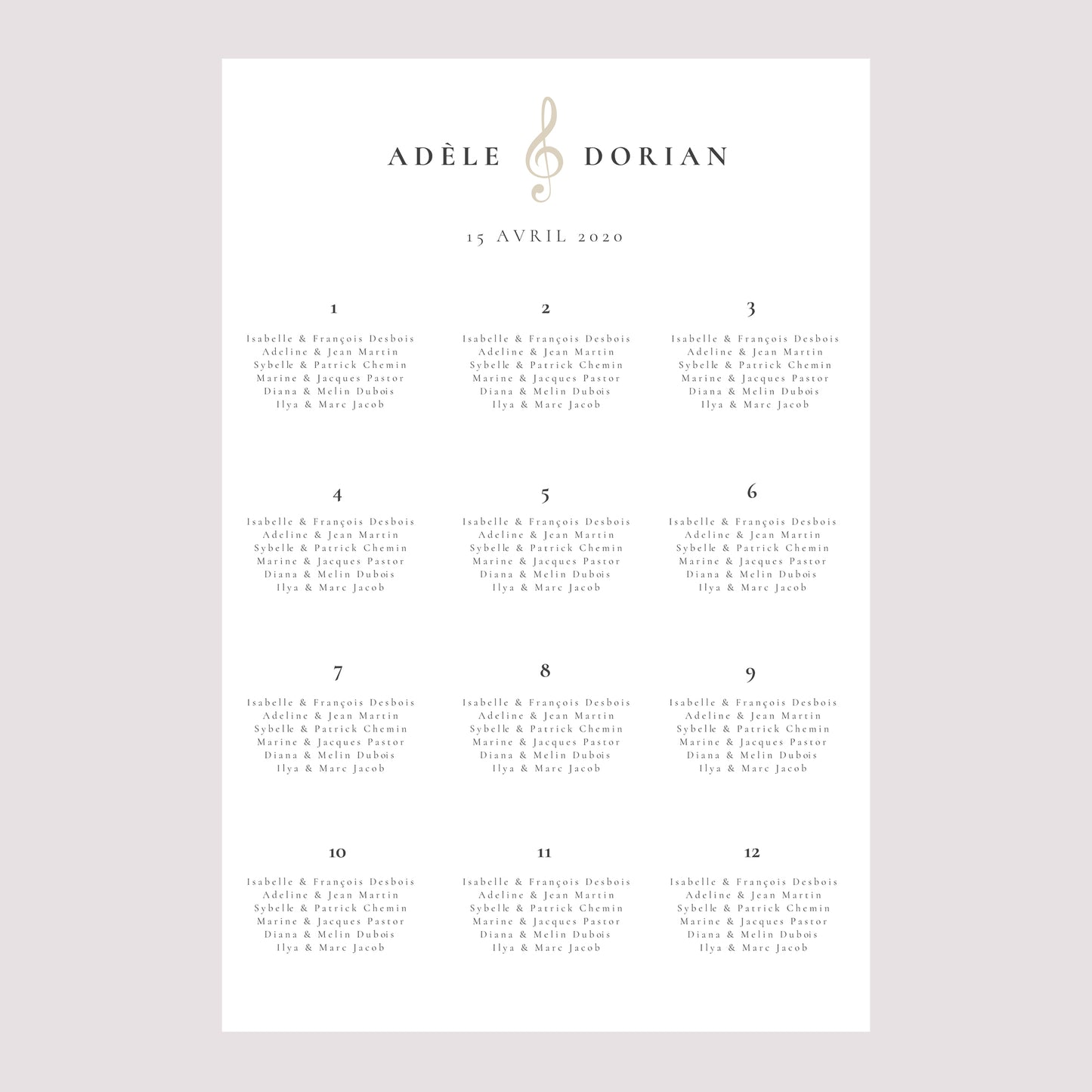 Plan de table Mariage Portrait 60 x 90 cm Musique photo N° 2