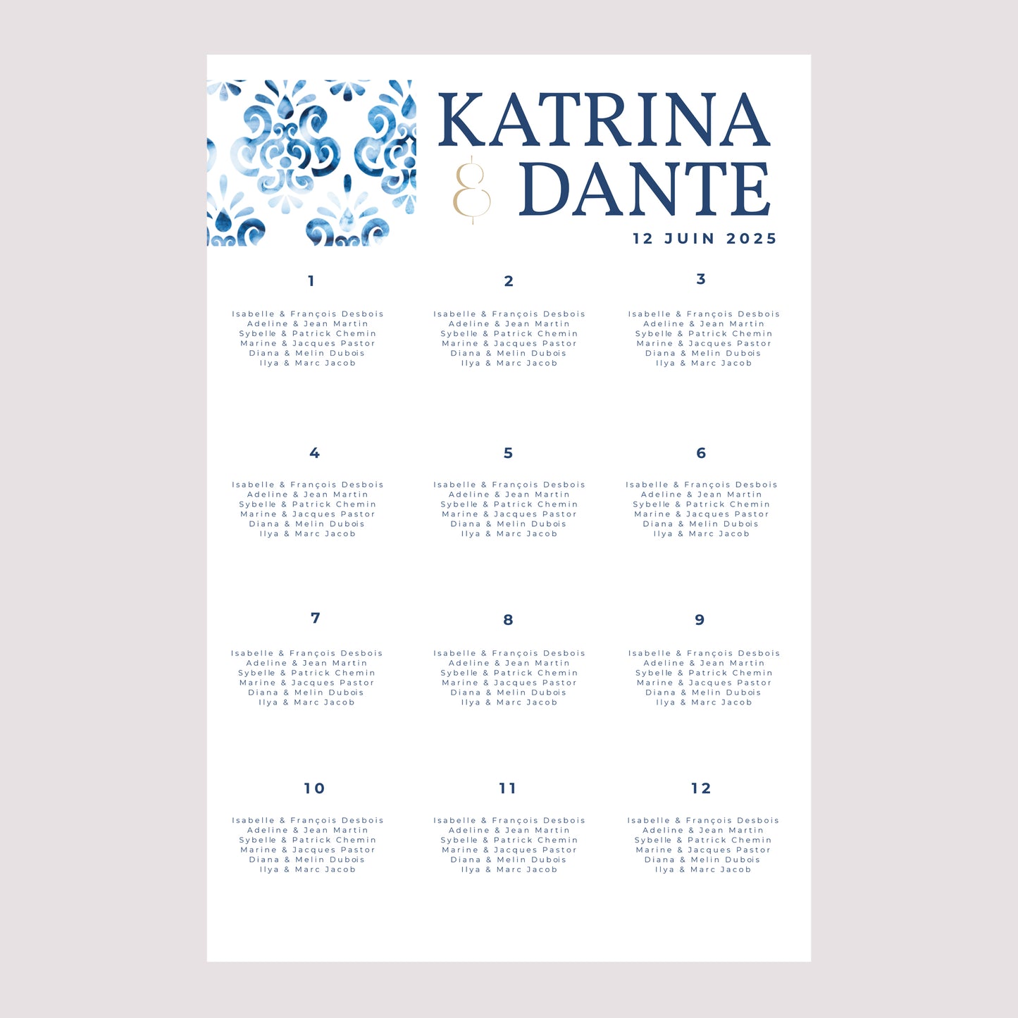Plan de table Mariage Portrait 60 x 90 cm Azulejos photo N° 2