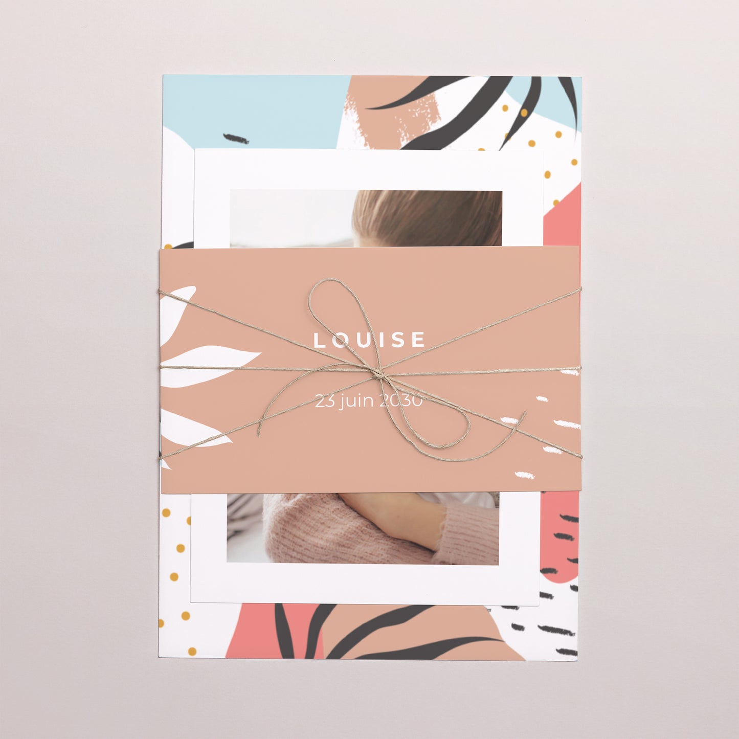 Faire-part Naissance 3 cartes, ruban Esprit Artsy photo N° 1