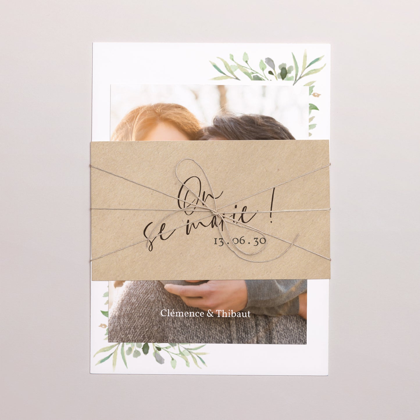 Faire-part Mariage 3 cartes, ruban Cadre Feuillage photo N° 1