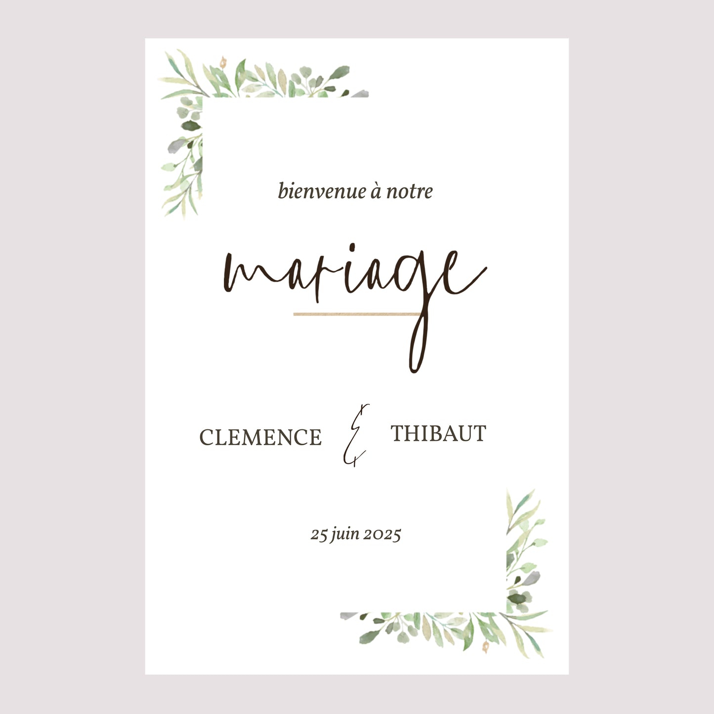 Panneau bienvenue Mariage Portrait 60 x 90 cm Cadre Feuillage photo N° 2