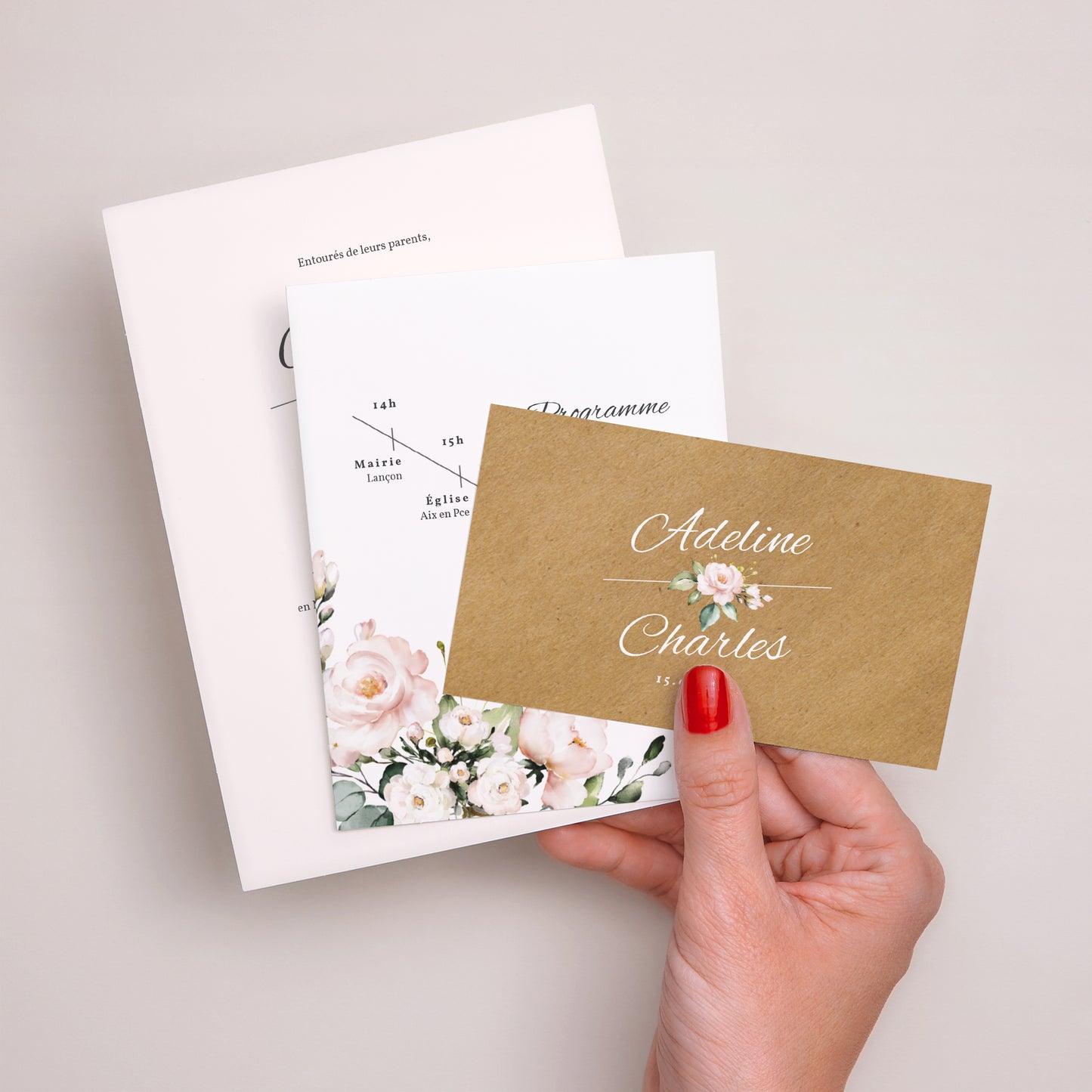Faire-part Mariage 3 cartes, ruban Romantique Kraft photo N° 3