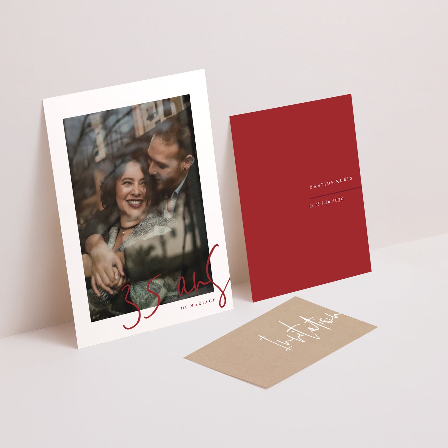 Invitations Anniversaire de mariage 3 cartes, ruban Noces Rubis photo N° 2