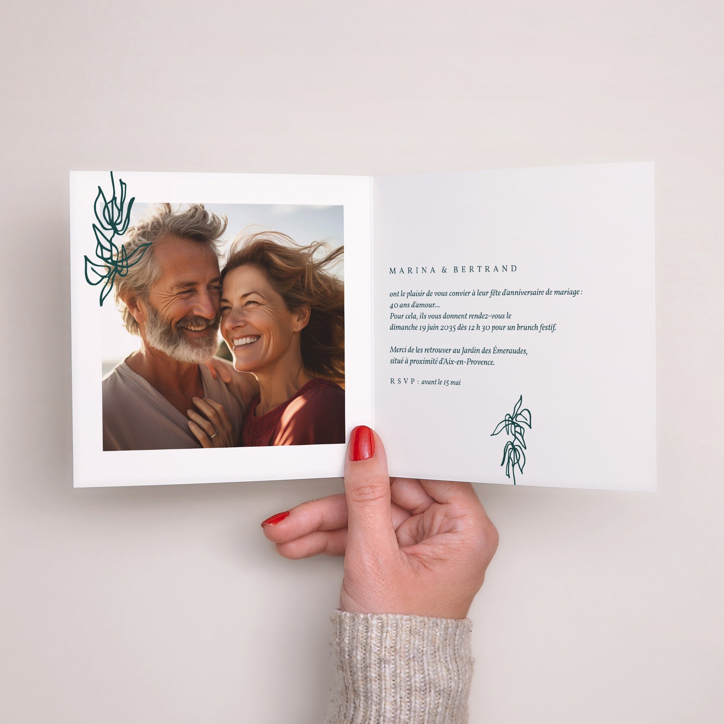 Invitations Anniversaire de mariage Carré double volet 40 ans Émeraude photo N° 2