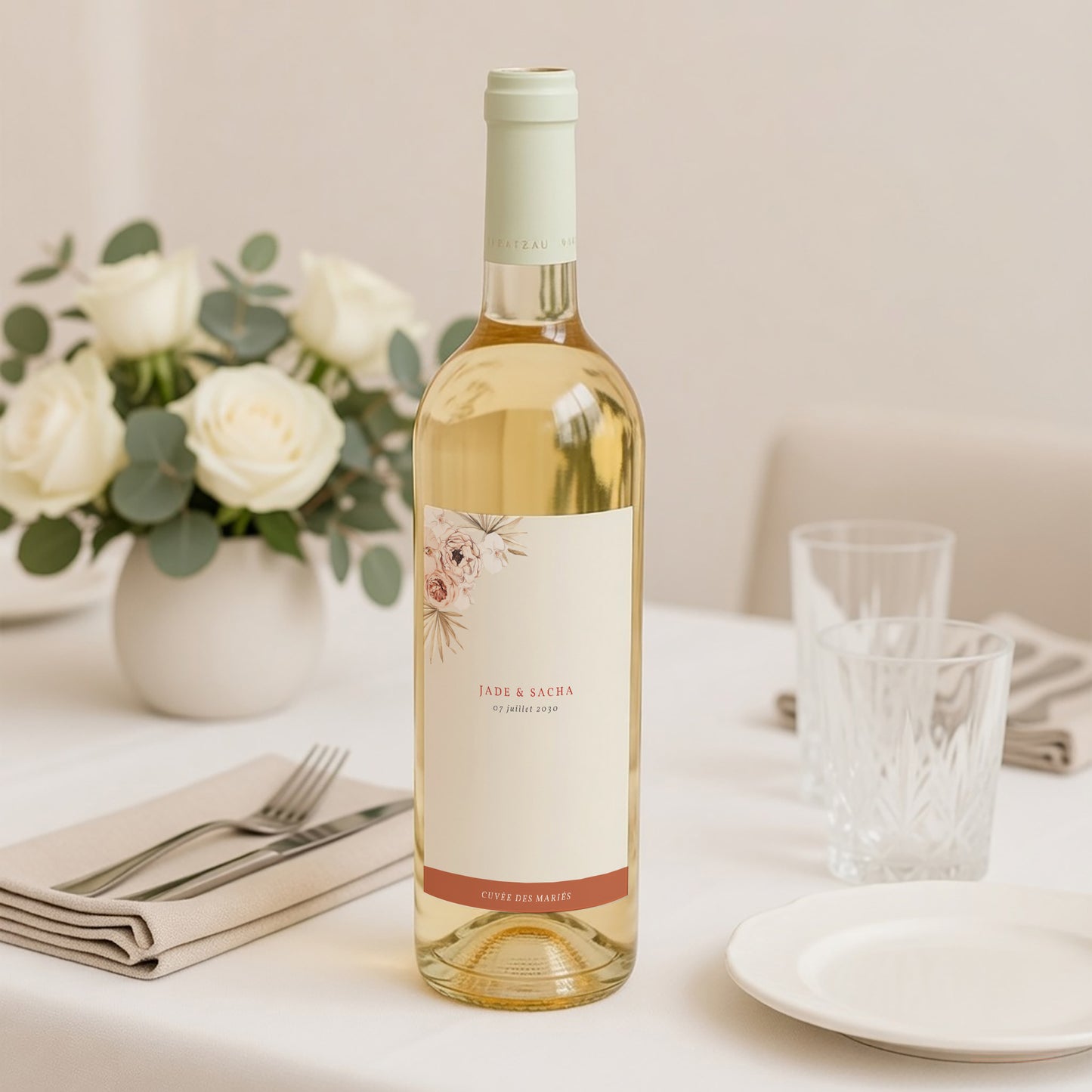 Etiquette bouteille Mariage Portrait Carré Bohème photo N° 2