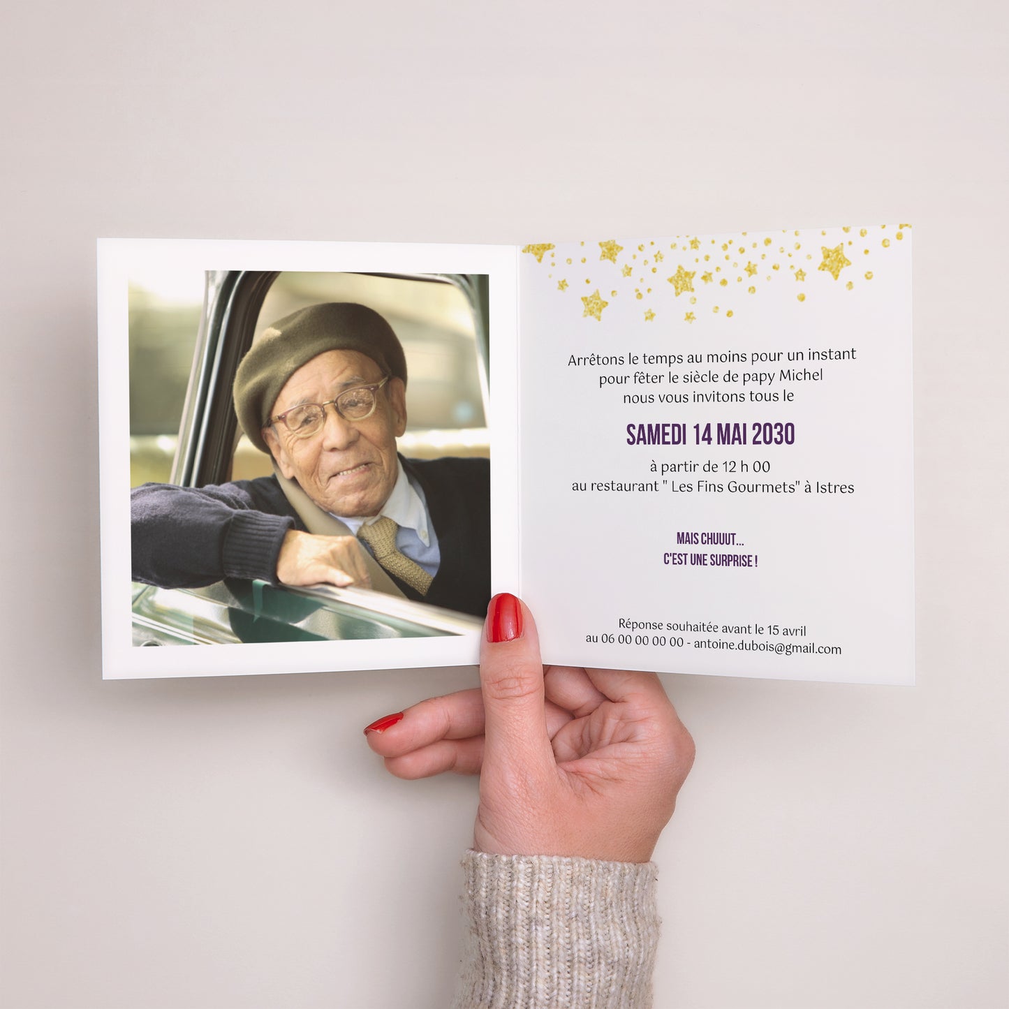 Invitations Anniversaire Adulte Carré double volet 100 ans, Festive, Vernis photo N° 2