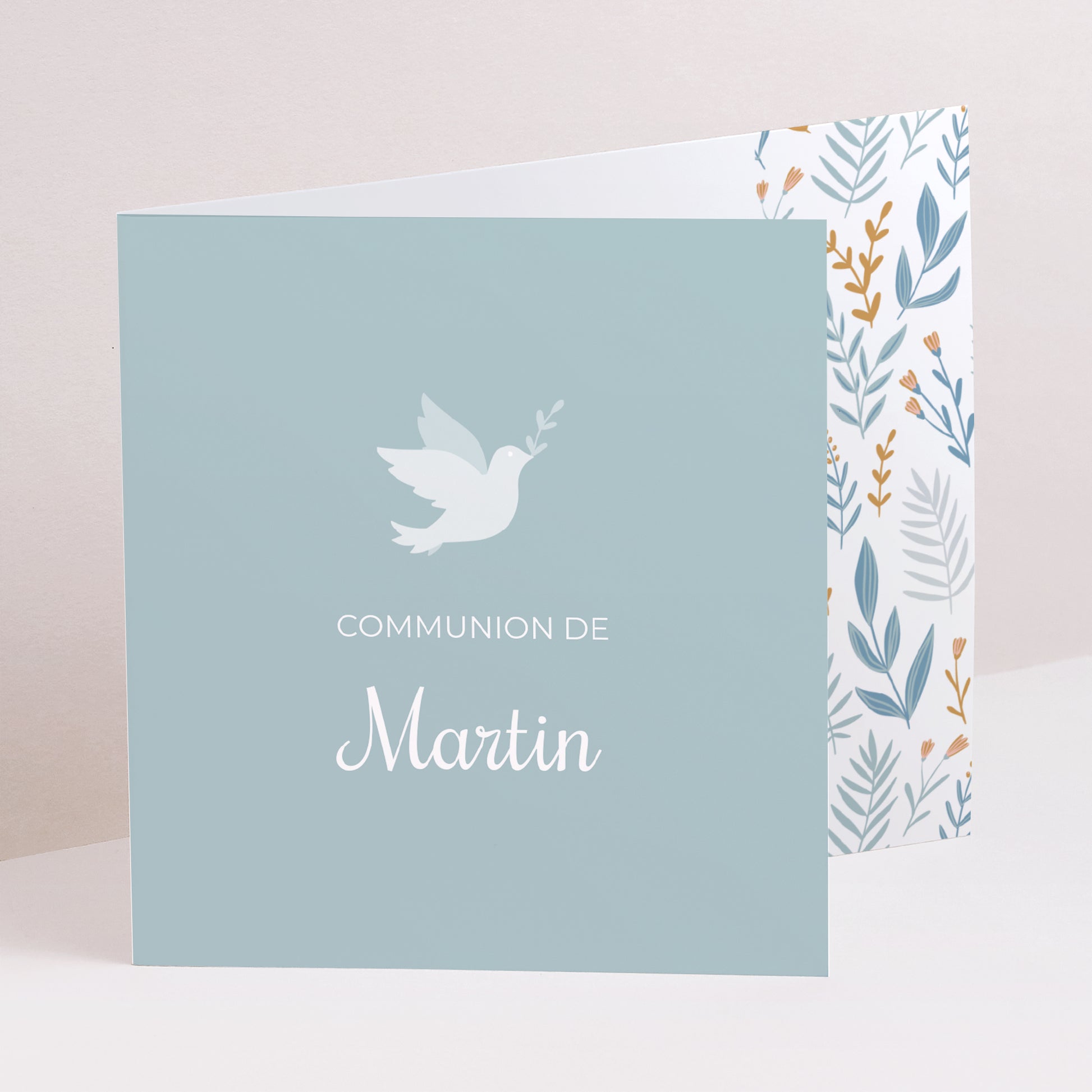 Faire-part Communion Double volet asymétrique Colombe et Fleurs bleues photo N° 1