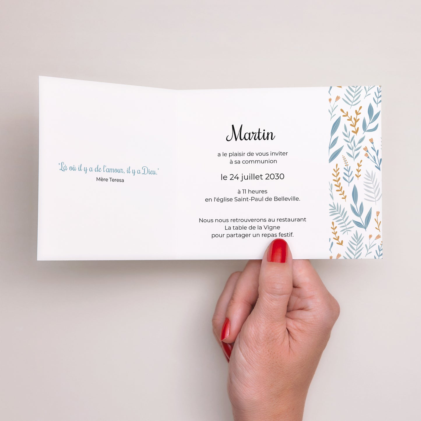 Faire-part Communion Double volet asymétrique Colombe et Fleurs bleues photo N° 2