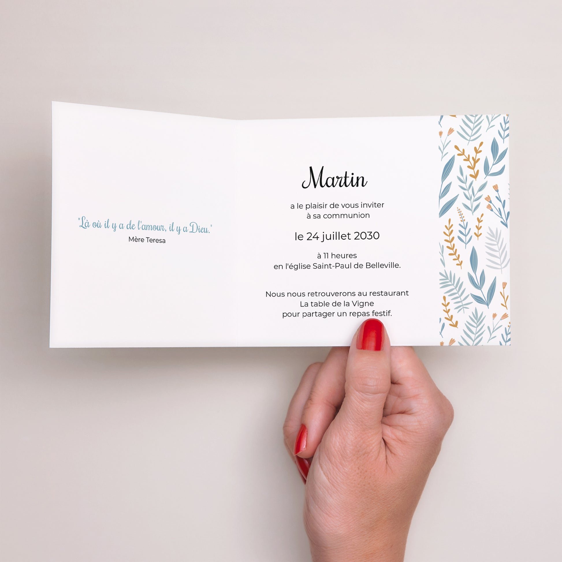 Faire-part Communion Double volet asymétrique Colombe et Fleurs bleues photo N° 2