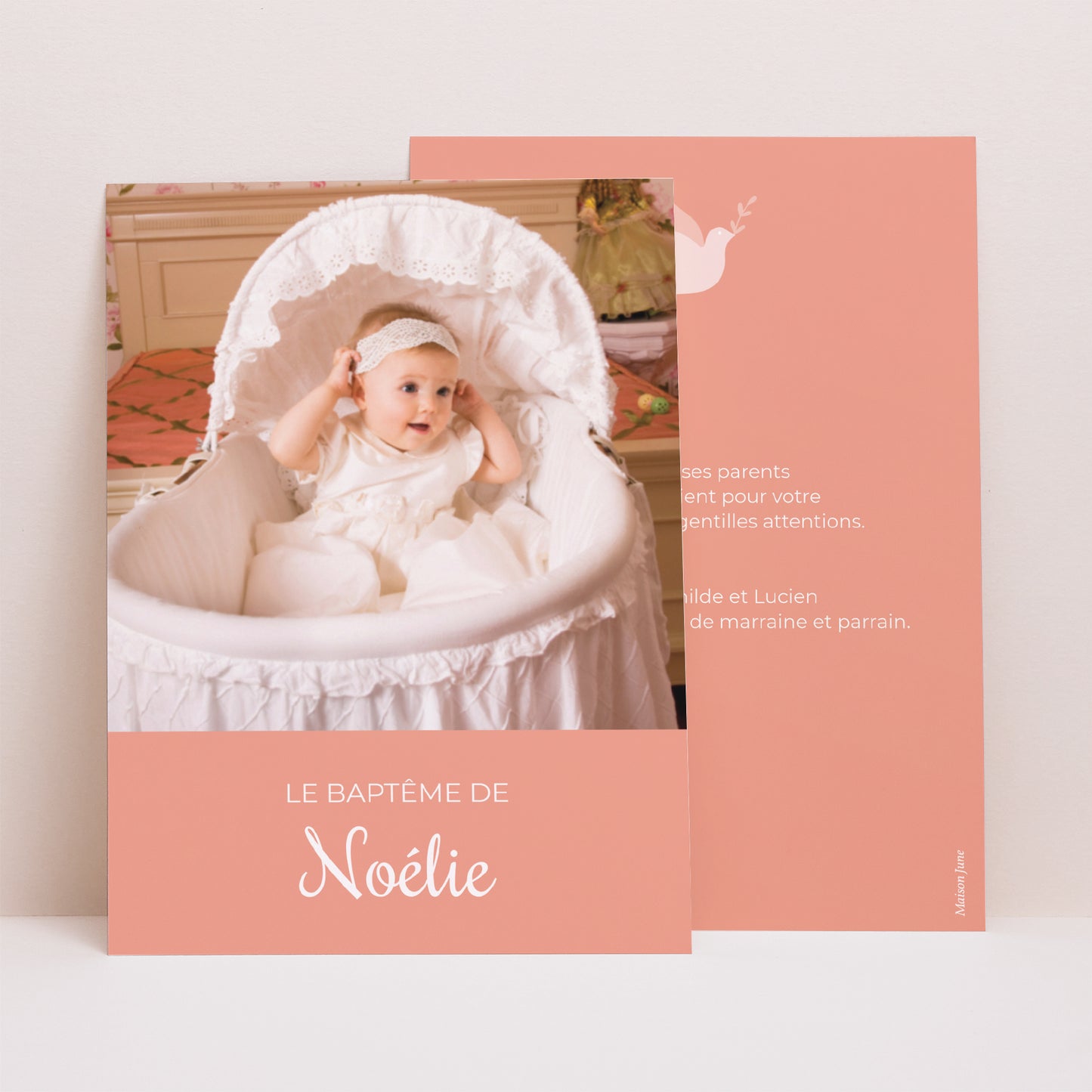 Remerciements Baptême Portrait Colombe, bandeau floral, rose photo N° 1