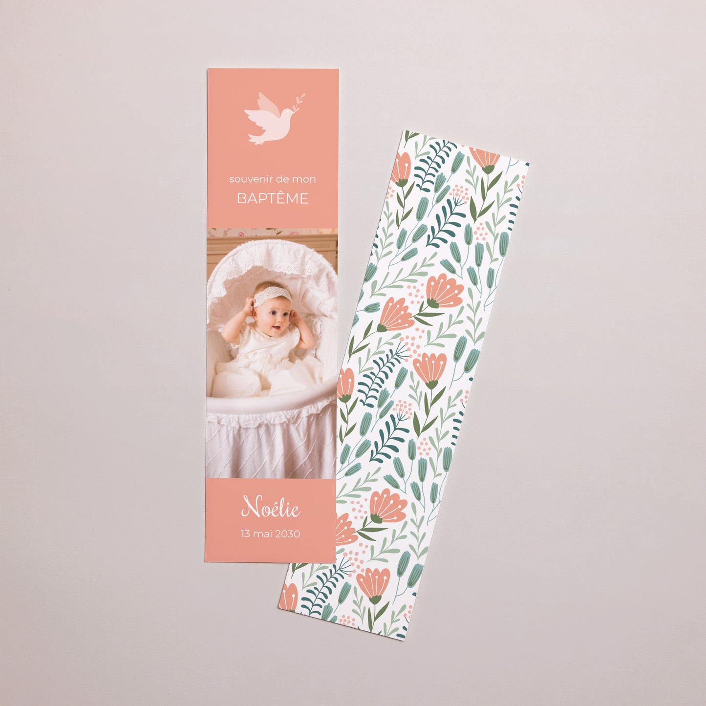 Marque-page Baptême Marque-page Colombe, bandeau floral, rose photo N° 1