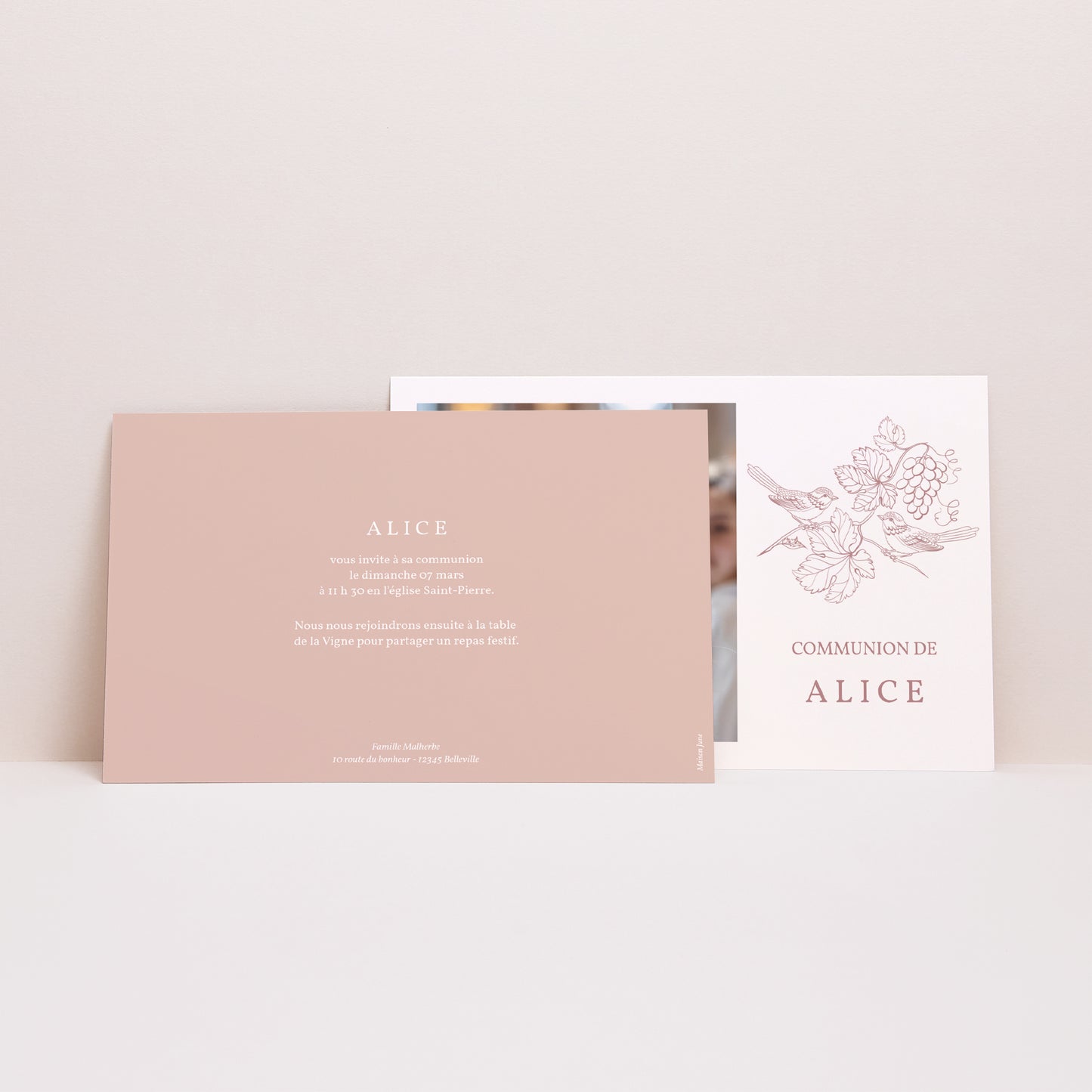 Faire-part Communion Paysage Oiseaux et Photo, vigne, rose photo N° 2