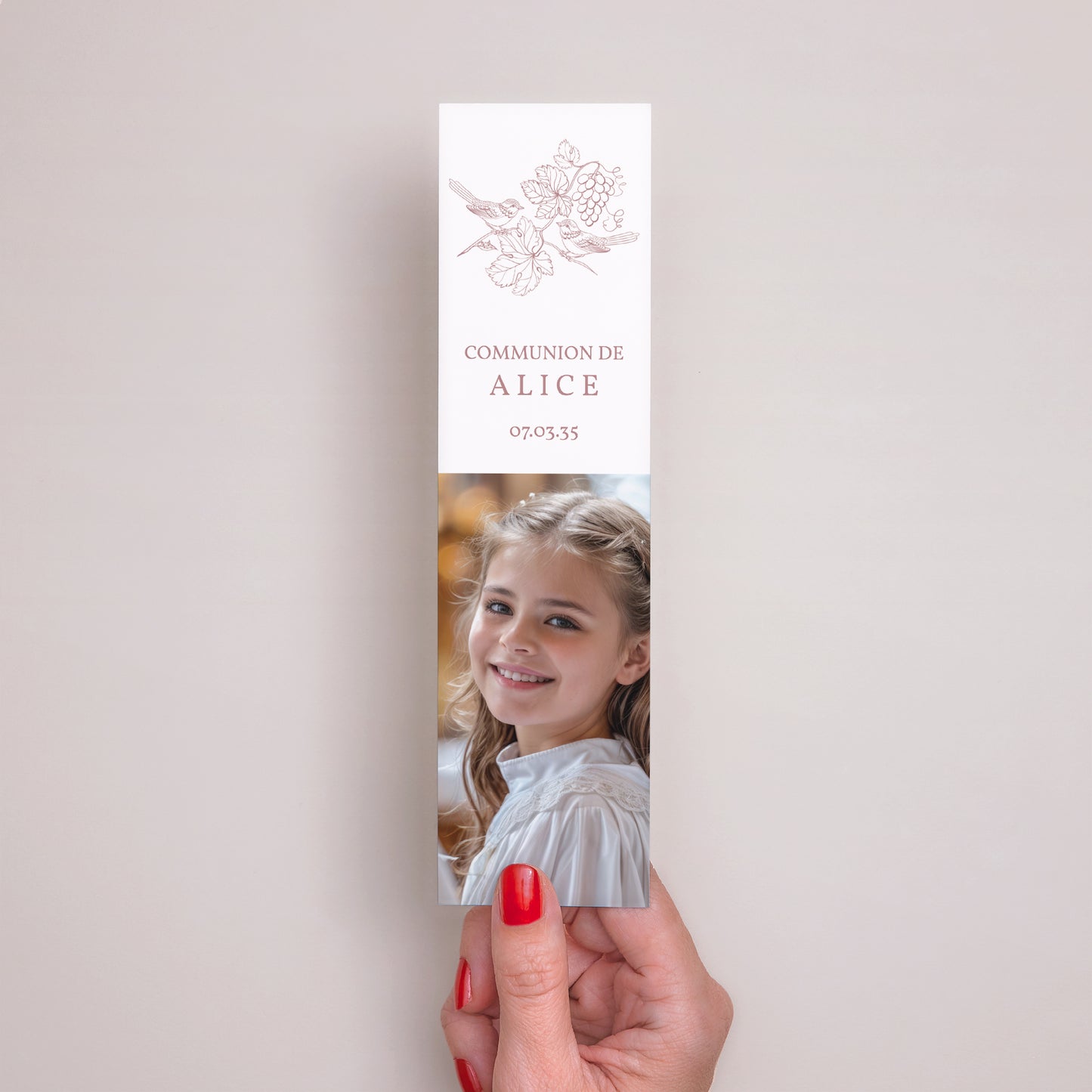 Remerciements Communion Marque-page Oiseaux et Photo, vigne, rose photo N° 2