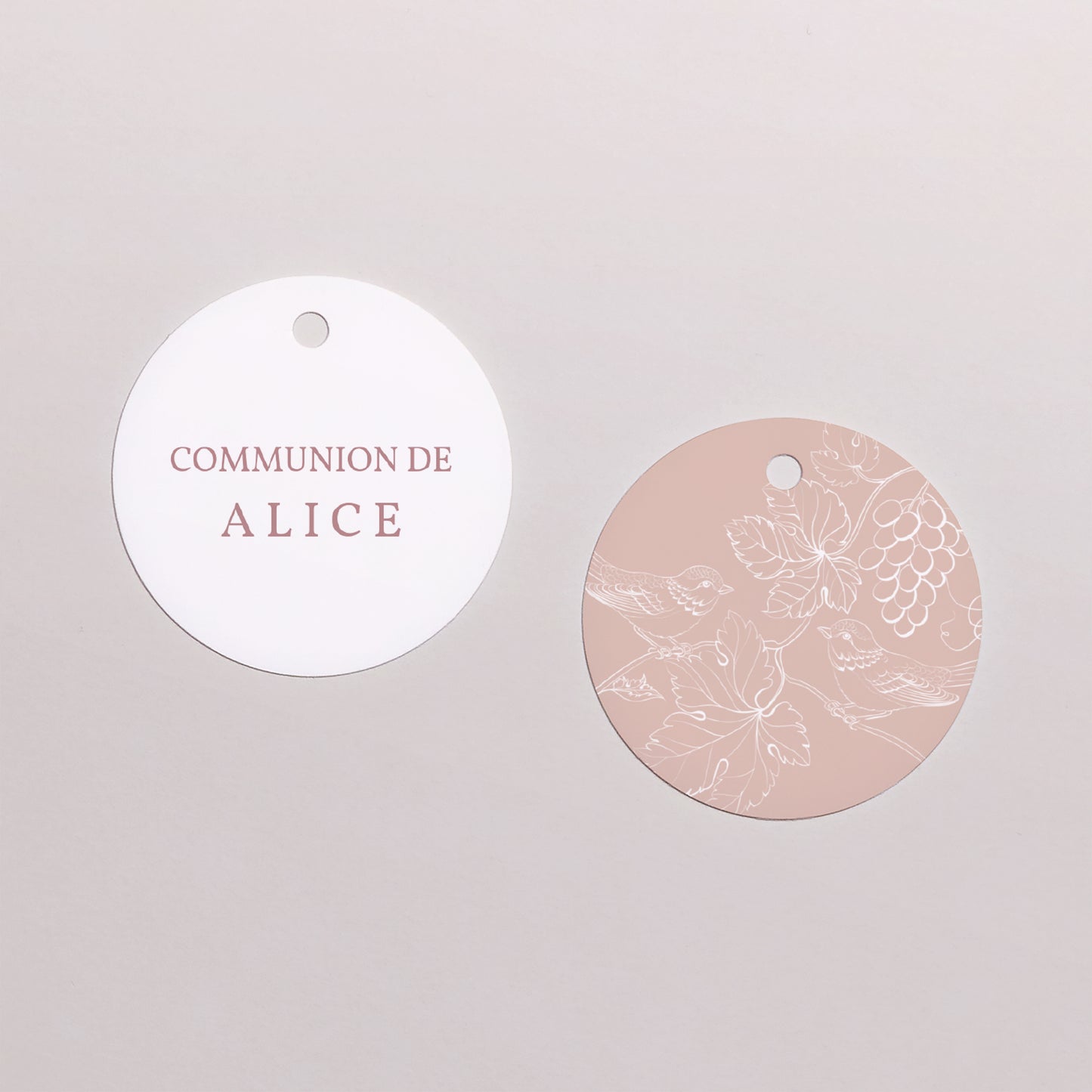 Etiquette perforée Communion Ronde Oiseaux et Photo, vigne, rose photo N° 1