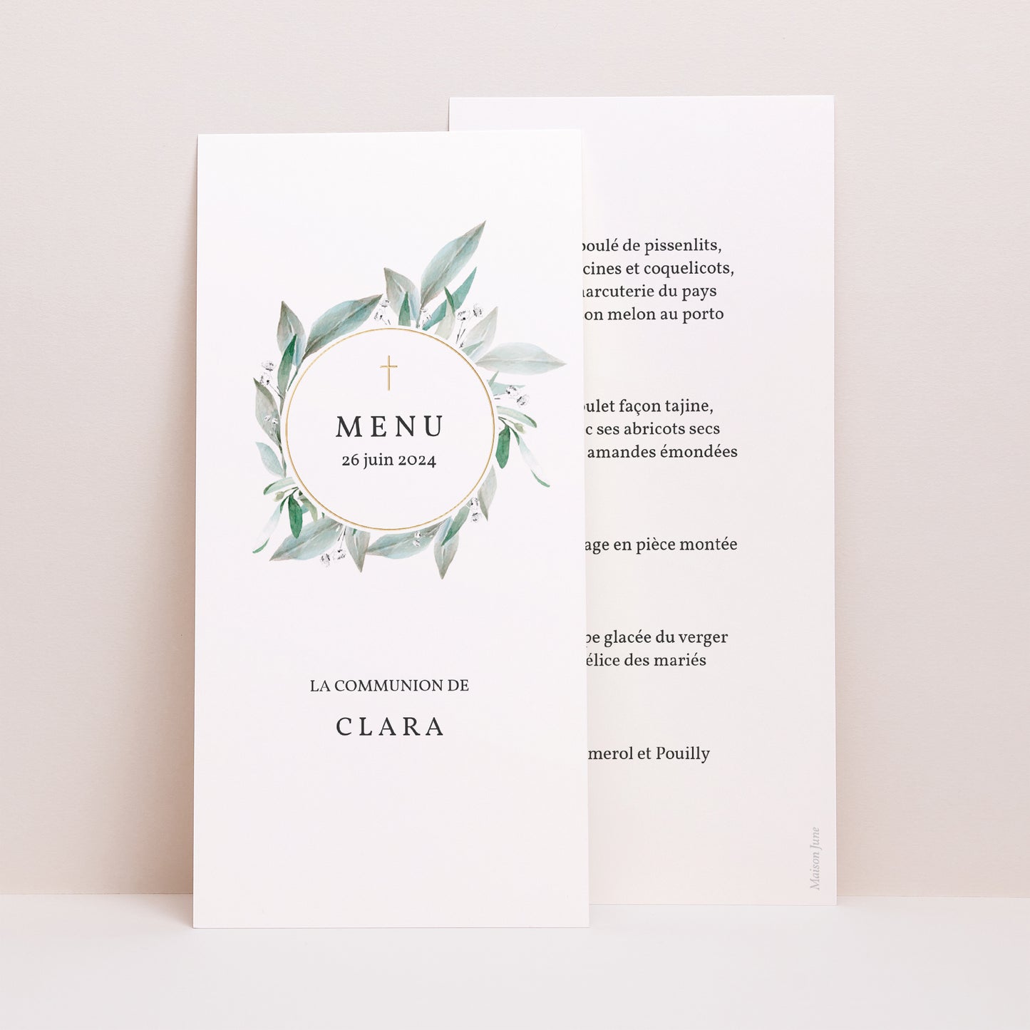 Menu Communion Panoramique portrait Couronne Florale, médaillon et croix d'or photo N° 1