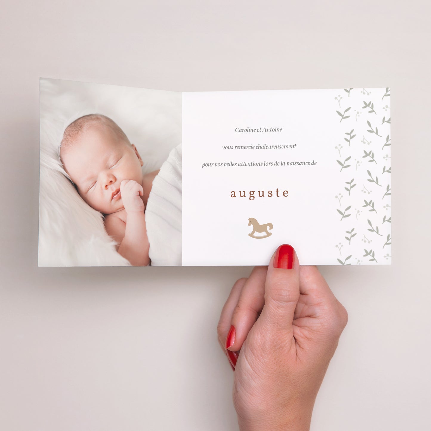 Remerciements Naissance Double volet asymétrique Brin de bonheur, Vert tendre photo N° 2