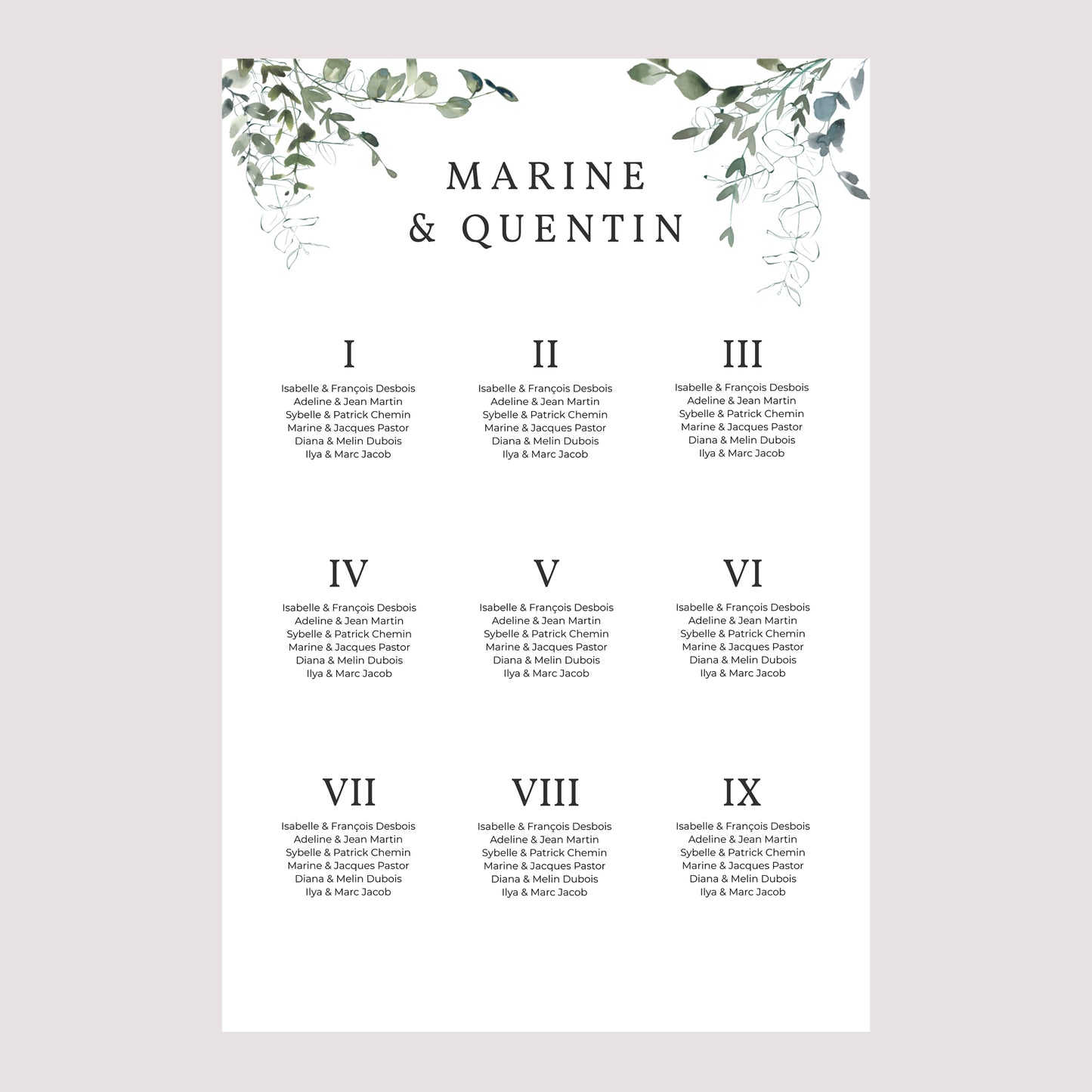 Plan de table Mariage Portrait 60 x 90 cm Floral et Eucalyptus photo N° 2