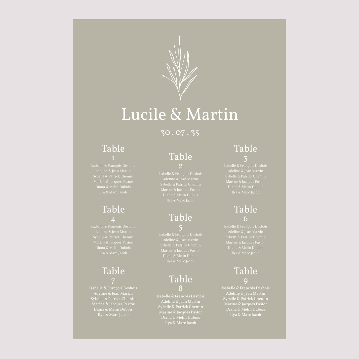 Plan de table Mariage Portrait 60 x 90 cm Ton pastel photo N° 2