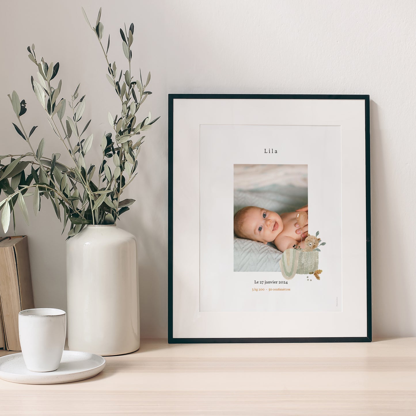 Affiche Naissance Portrait Ourson Mignon, panier osier & Ballon photo N° 1