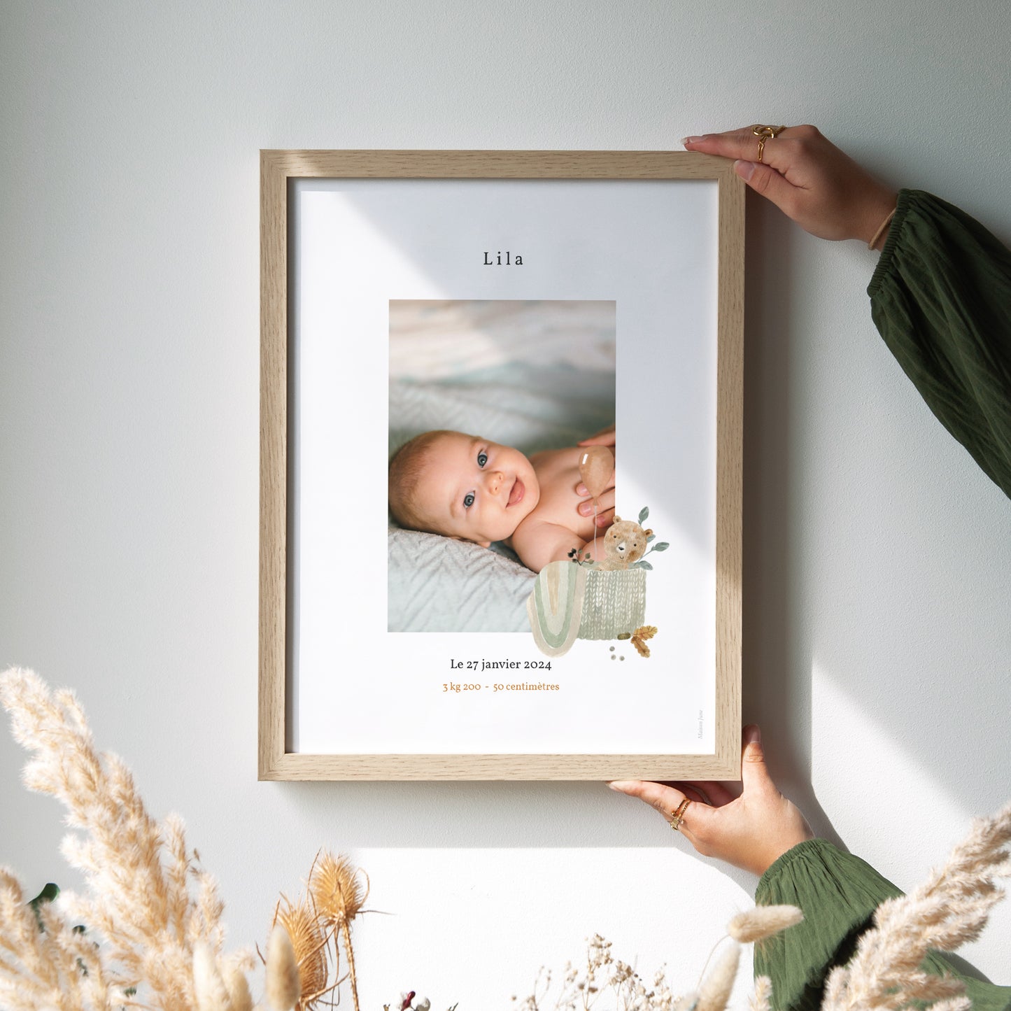 Affiche Naissance Portrait Ourson Mignon, panier osier & Ballon photo N° 2