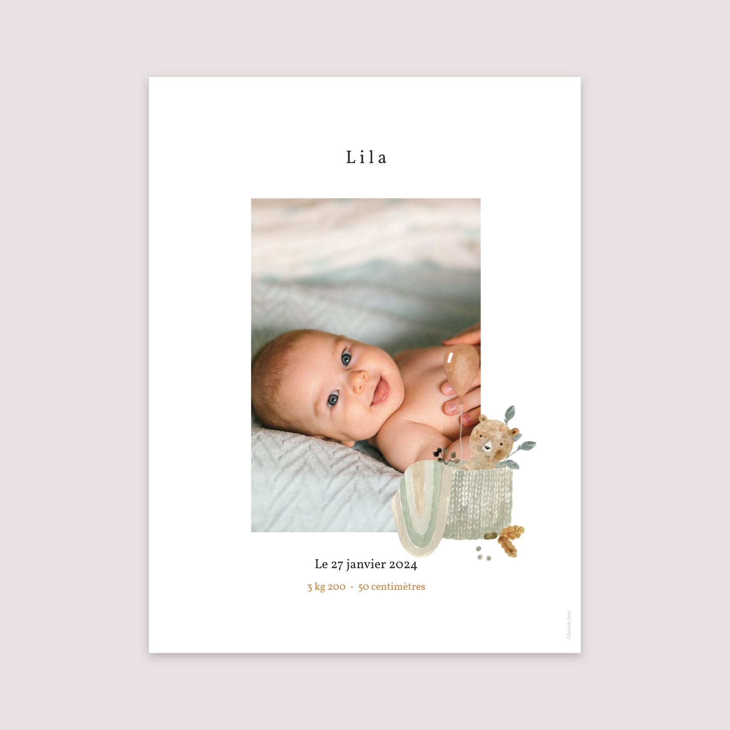 Affiche Naissance Portrait 30 x 40 cm Ourson Mignon, panier osier & Ballon photo N° 2