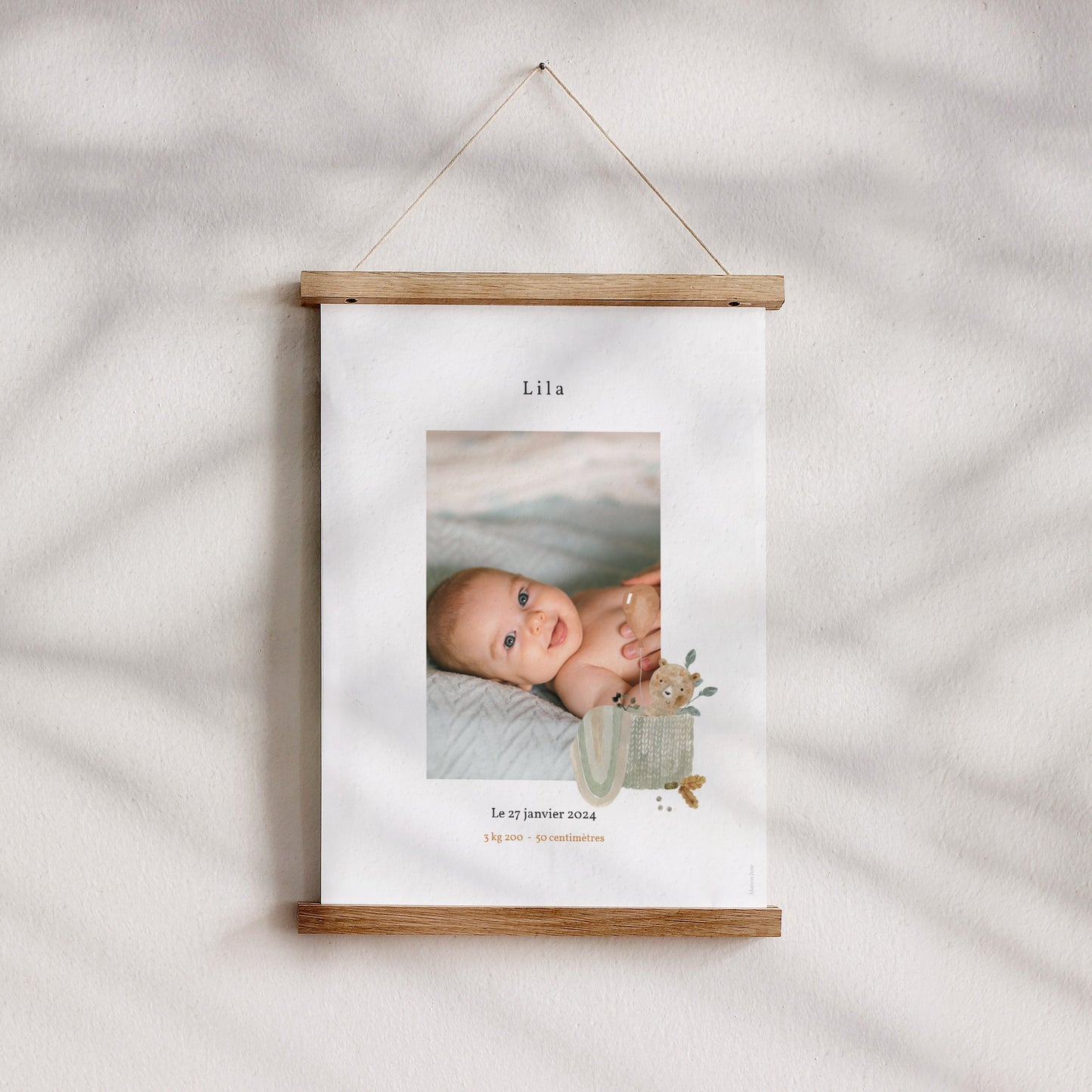 Affiche Naissance Portrait Ourson Mignon, panier osier & Ballon photo N° 4