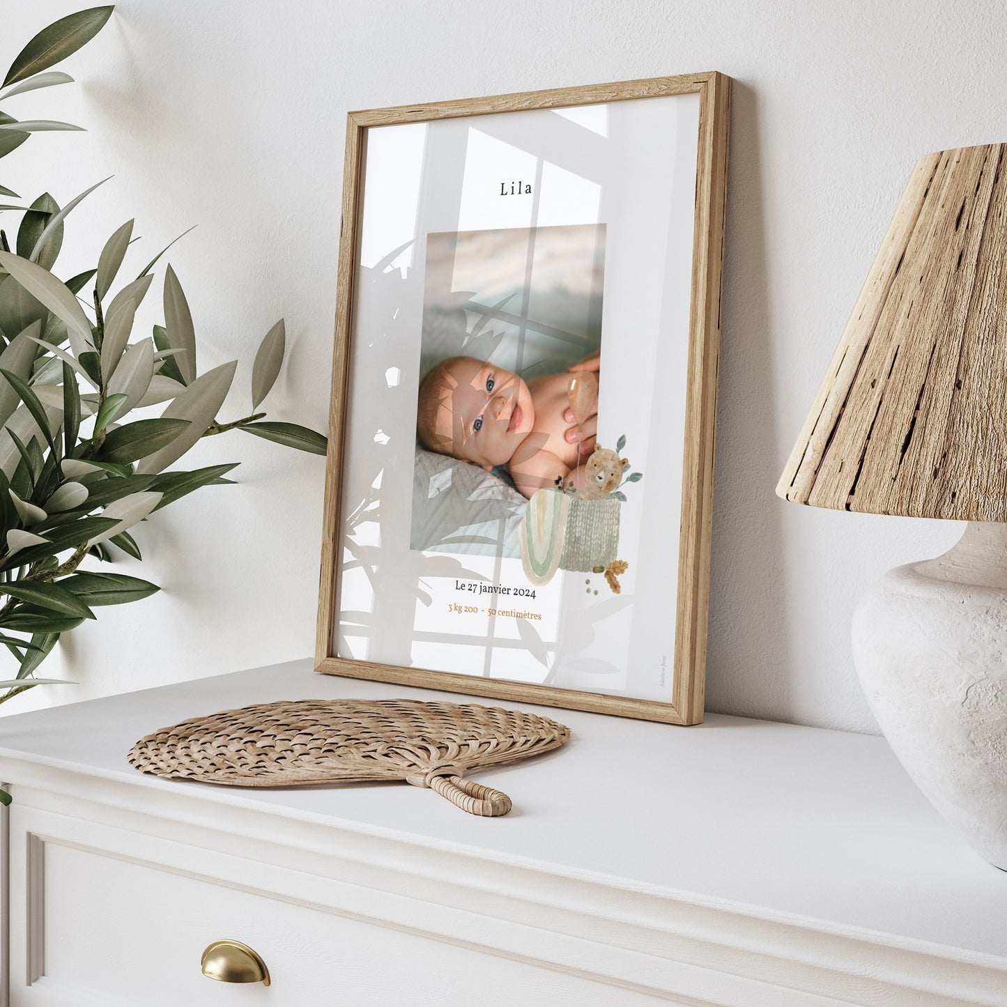 Affiche Naissance Portrait Ourson Mignon, panier osier & Ballon photo N° 5