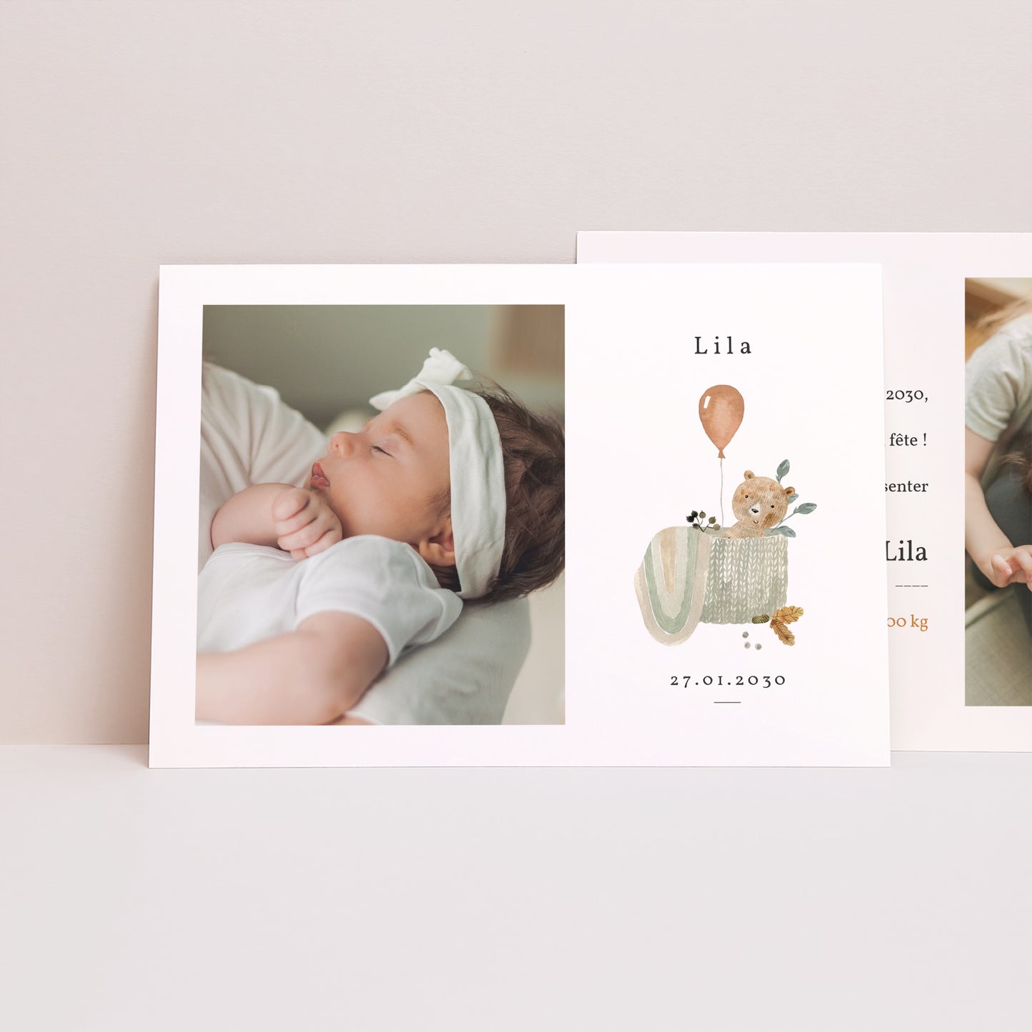 Faire-part Naissance Paysage Ourson Mignon, panier osier & Ballon photo N° 1