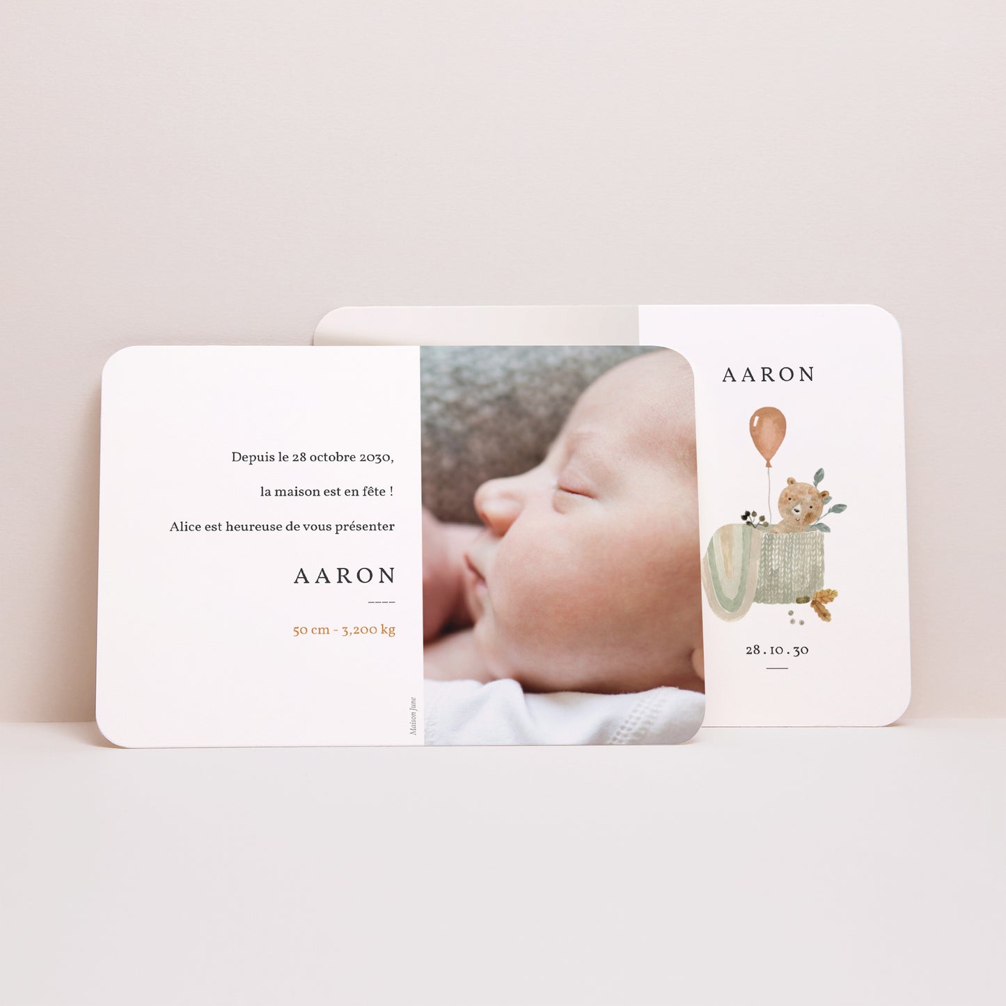 Faire-part Naissance Paysage, bords arrondis Ourson Mignon, panier osier & Ballon photo N° 2