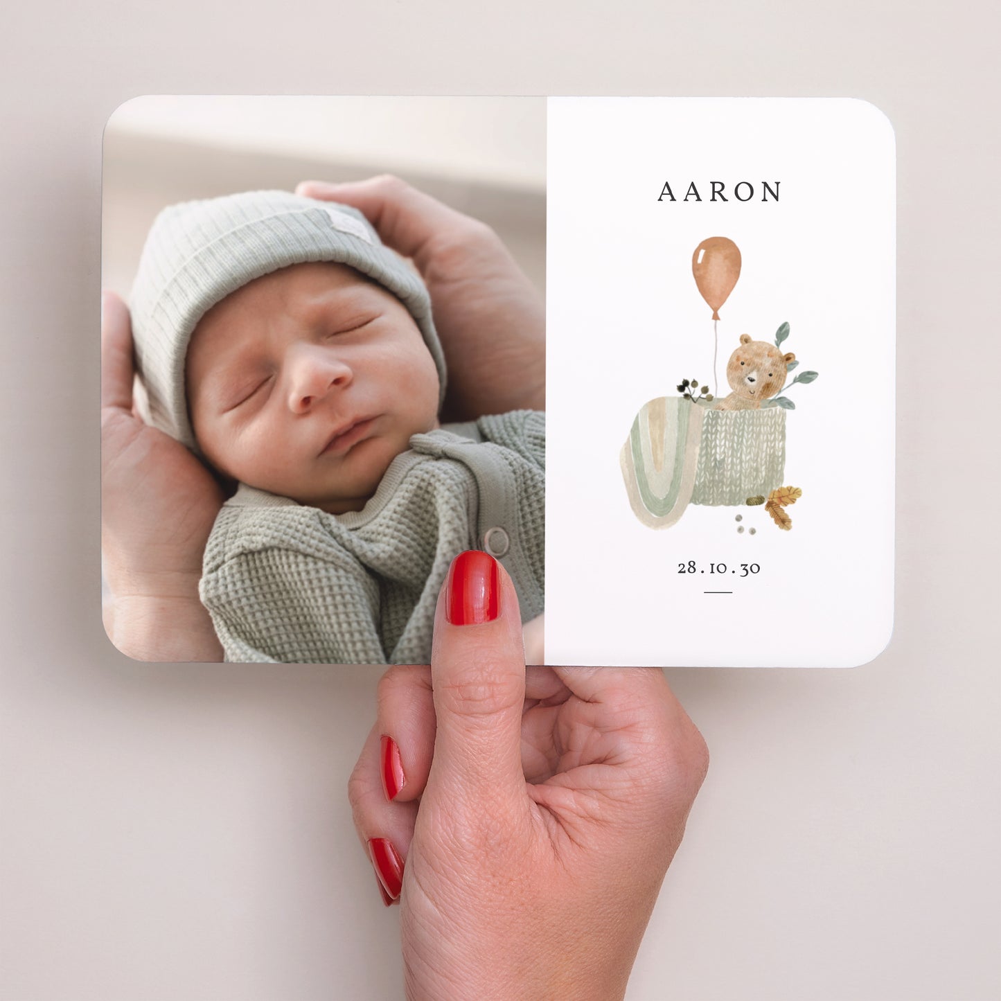 Faire-part Naissance Paysage, bords arrondis Ourson Mignon, panier osier & Ballon photo N° 3