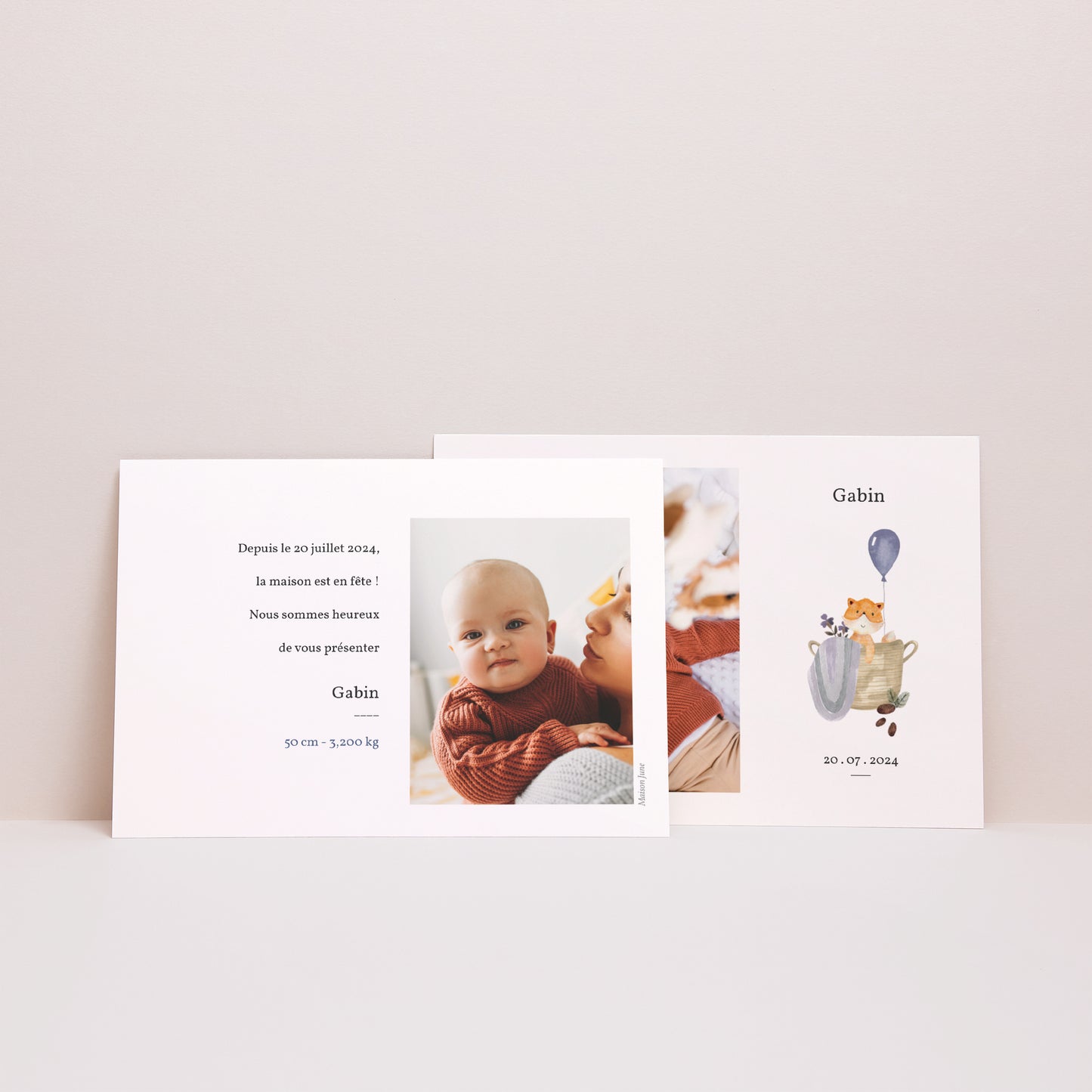 Faire-part Naissance Paysage Petit Renard, panier osier & Ballon violet photo N° 3