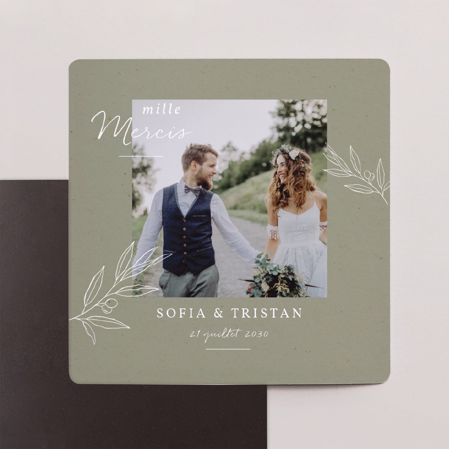 Remerciements Mariage Lot de 9, magnétique Olivier texture papier photo N° 1