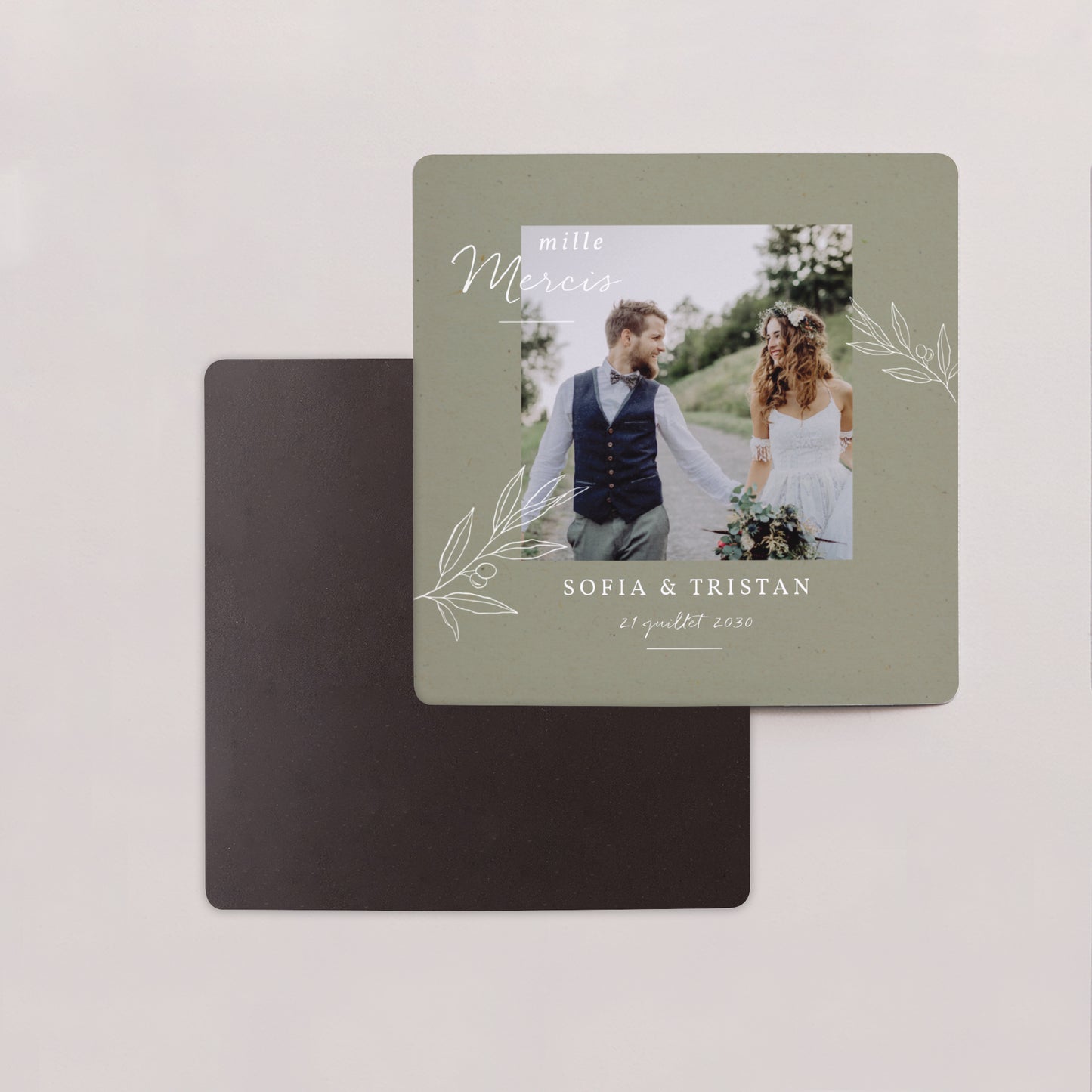Remerciements Mariage Lot de 9, magnétique Olivier texture papier photo N° 2