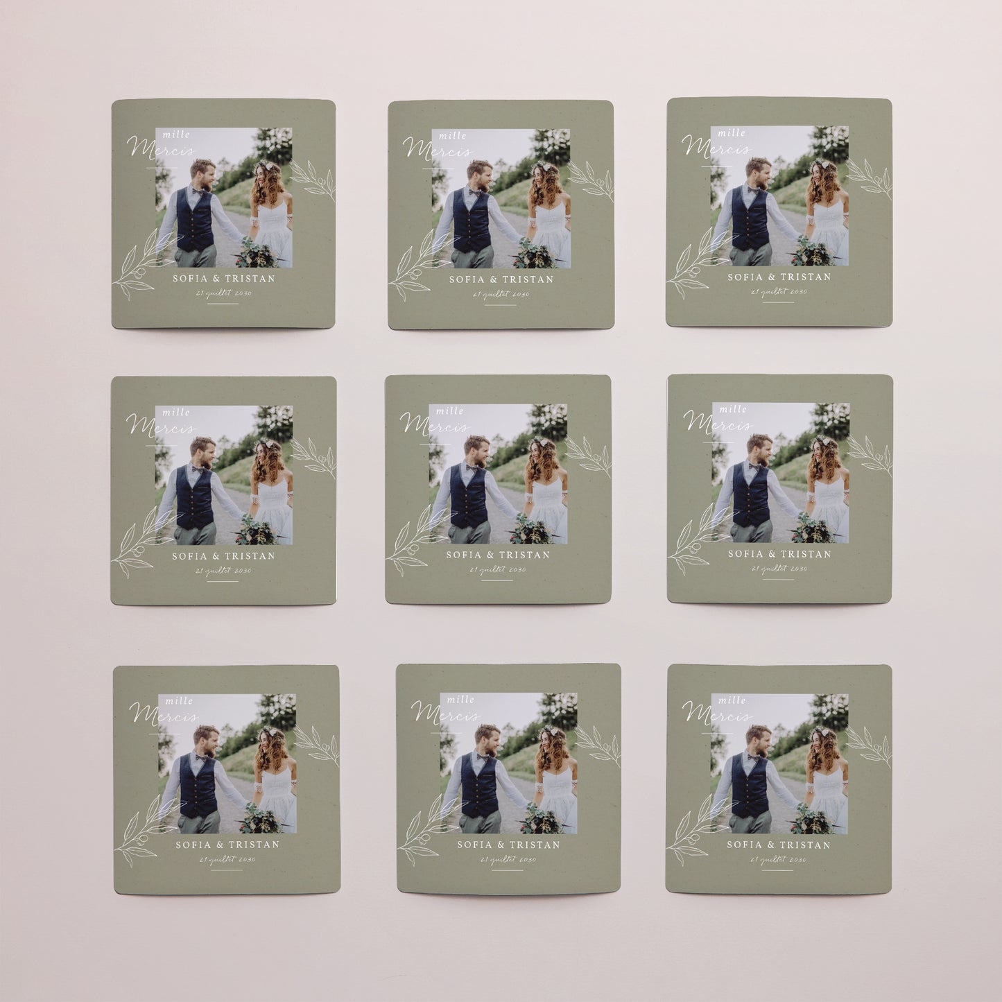 Remerciements Mariage Lot de 9, magnétique Olivier texture papier photo N° 3