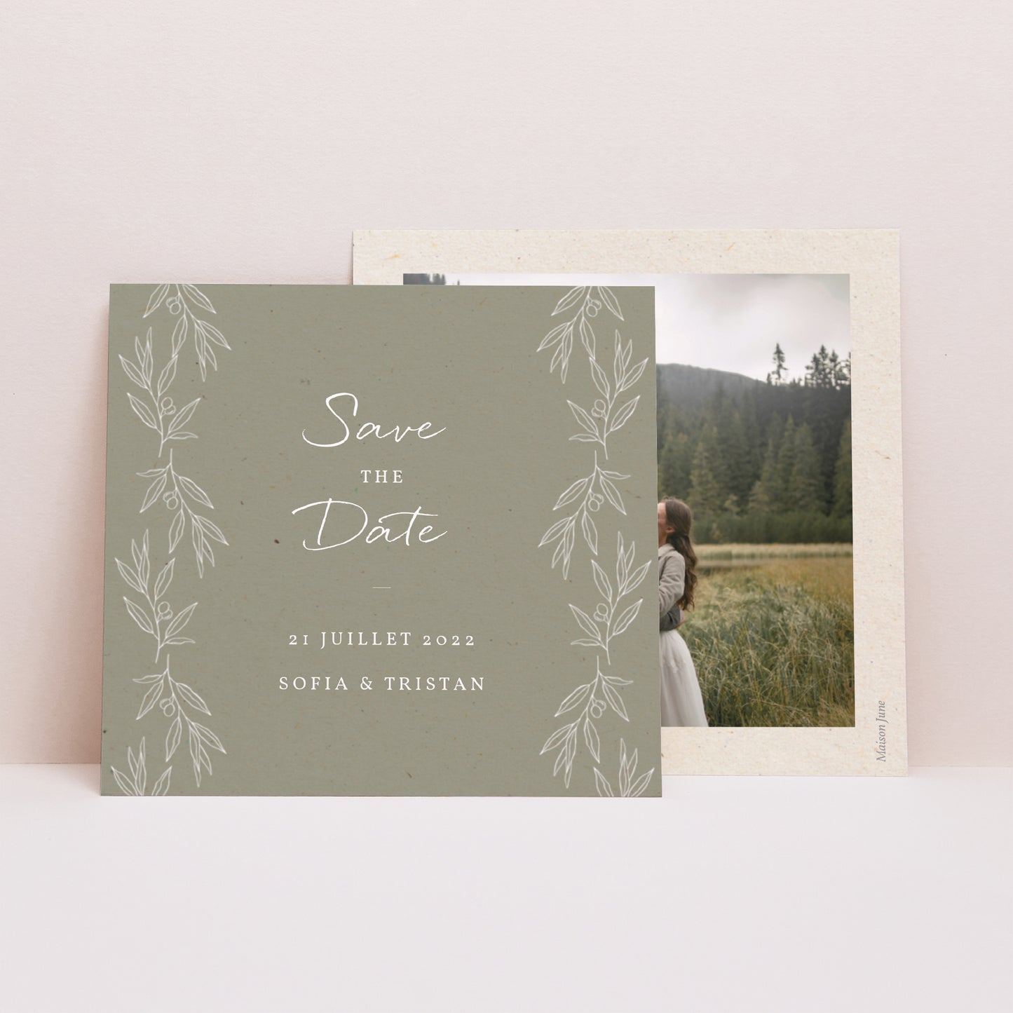 Save the date Mariage Carré Olivier texture papier photo N° 1