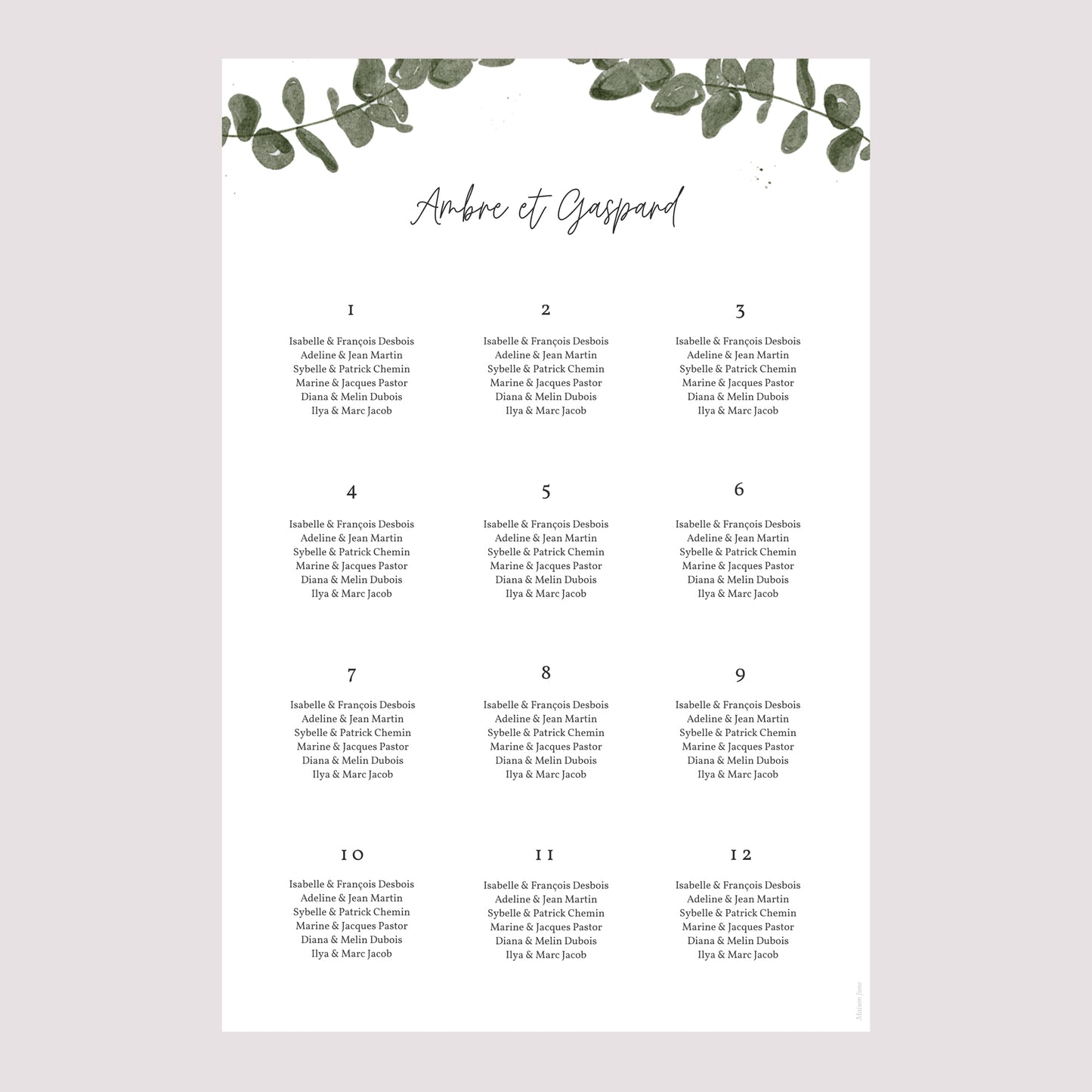 Plan de table Mariage Portrait Eucalyptus aquarelle photo N° 2