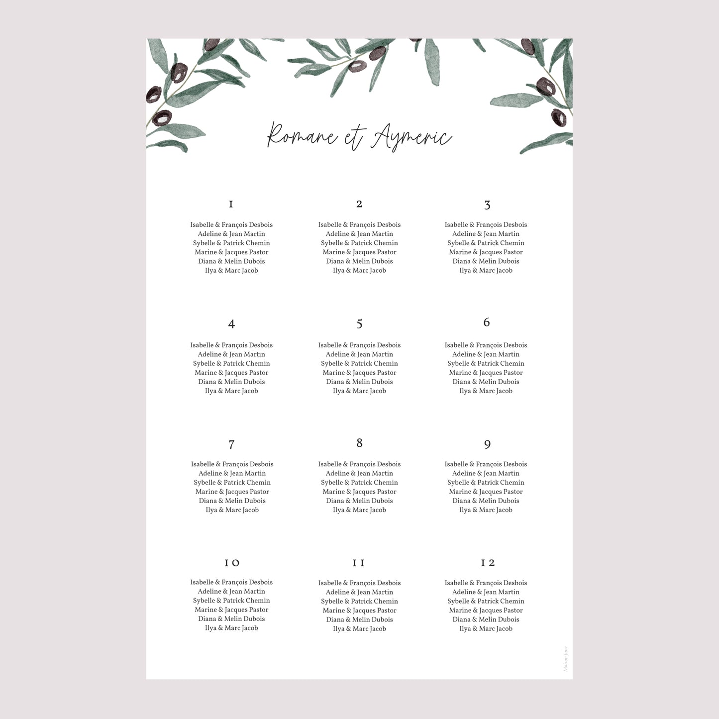 Plan de table Mariage Portrait Olivier aquarelle photo N° 2