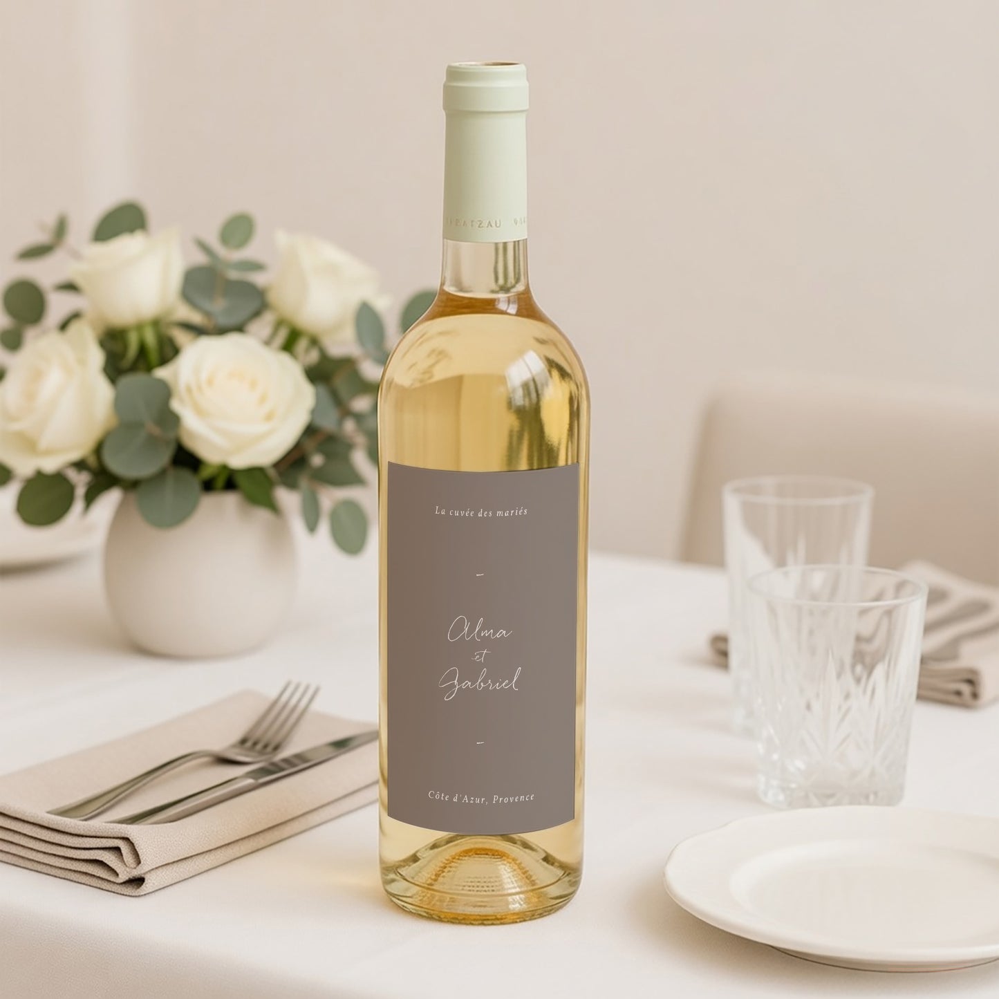 Etiquette bouteille Mariage Portrait Couronne Fleurs Aquarelle photo N° 2