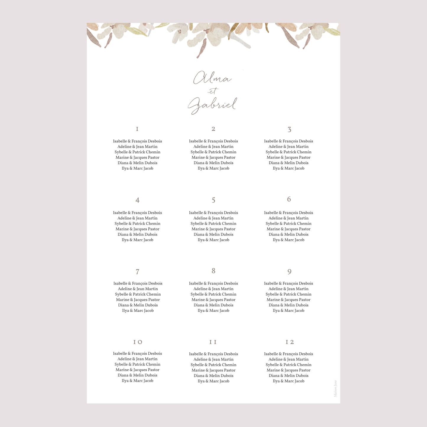 Plan de table Mariage Portrait Couronne Fleurs Aquarelle photo N° 2
