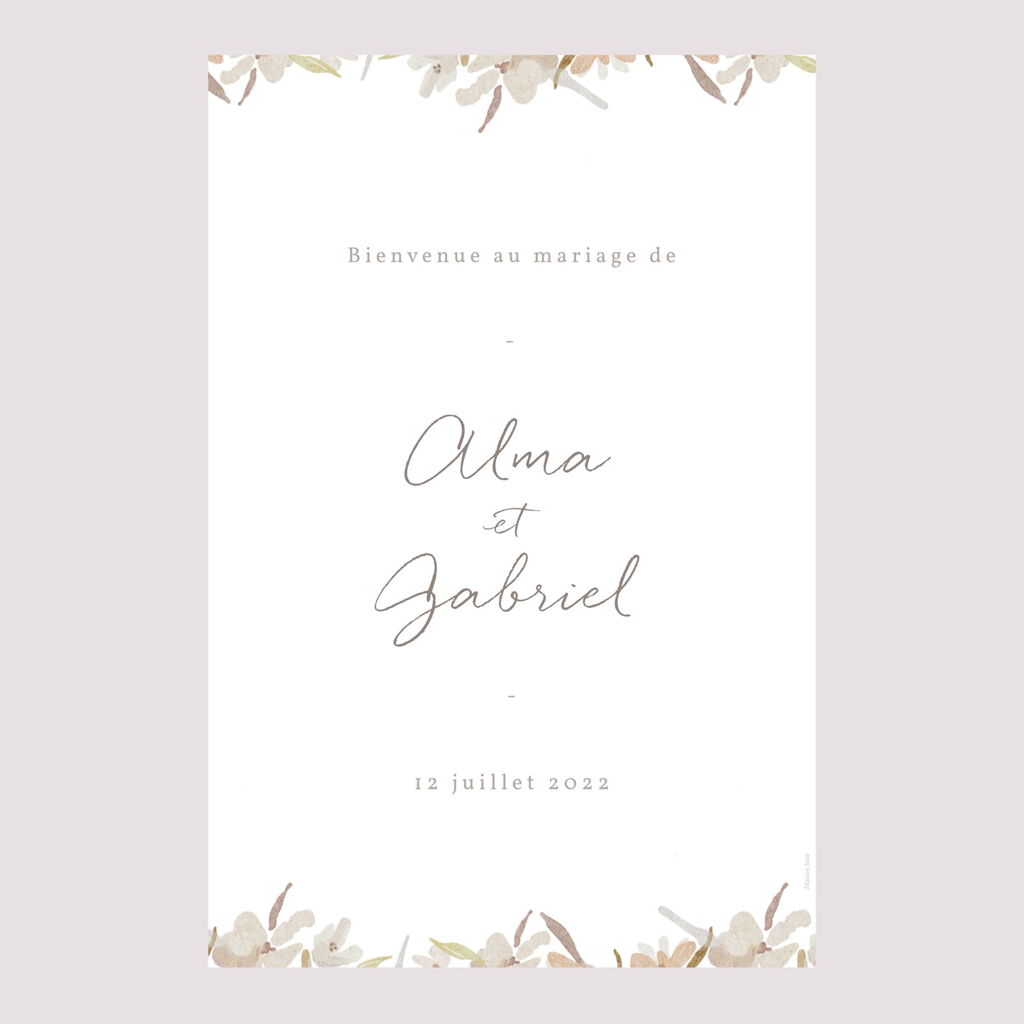 Panneau bienvenue Mariage Portrait 60 x 90 cm Couronne Fleurs Aquarelle photo N° 2