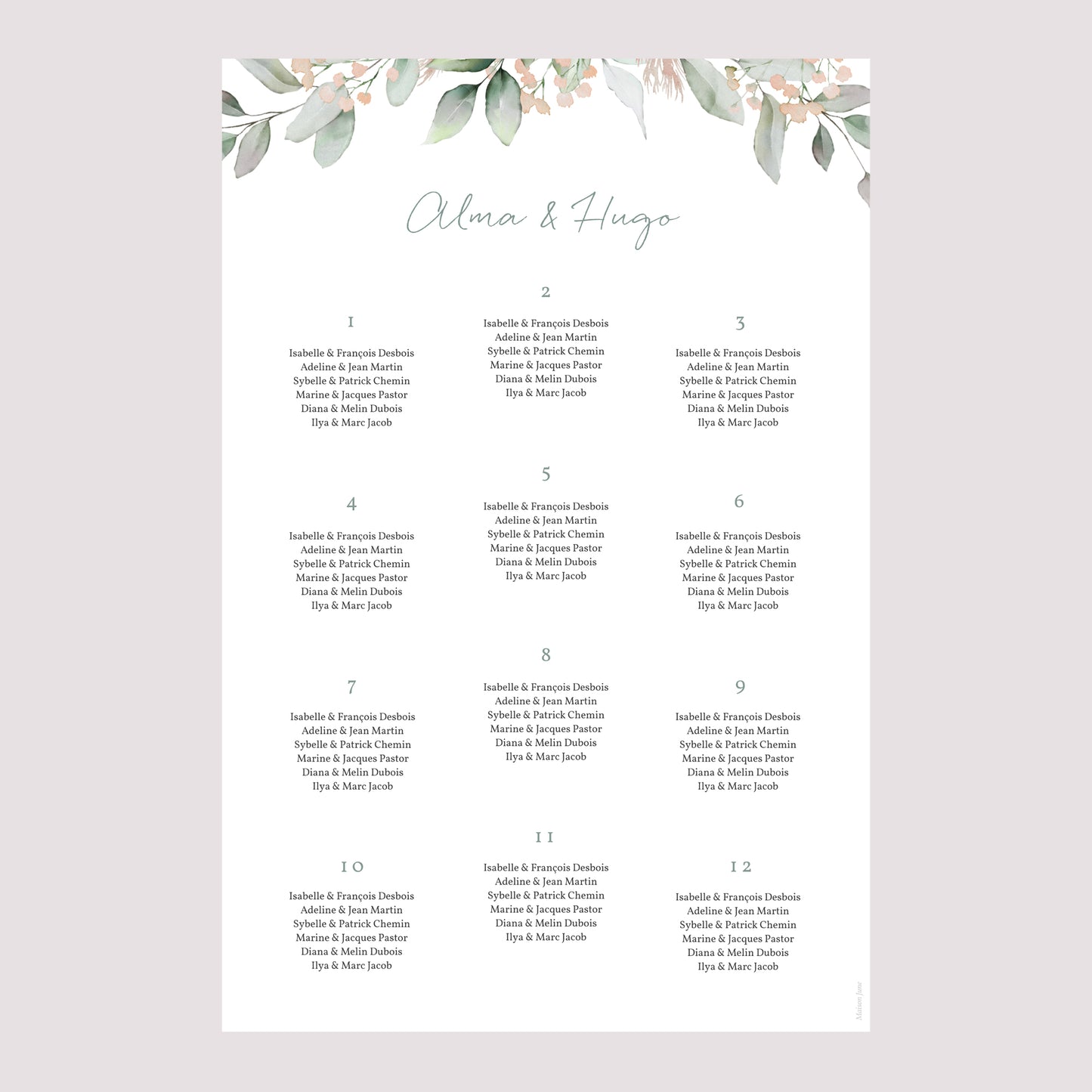 Plan de table Mariage Portrait 60 x 90 cm Floral pastel photo N° 2