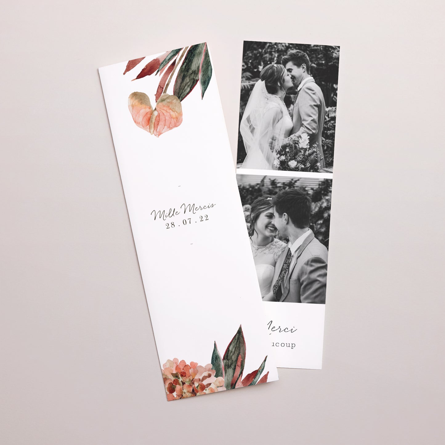 Remerciements Mariage Marque-page photo Arche fleurs tons rouge orange photo N° 1